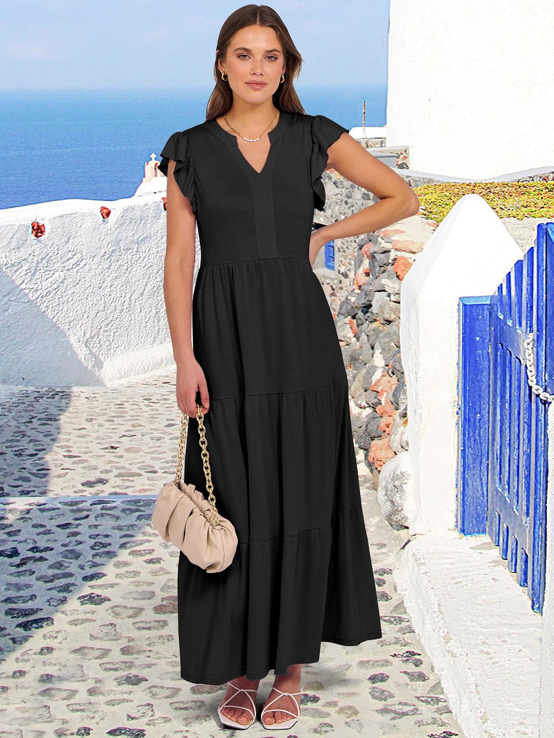 ANRABESS Womens Summer Dress Ruffle Sleeve V Neck Vacation Maxi Dresses