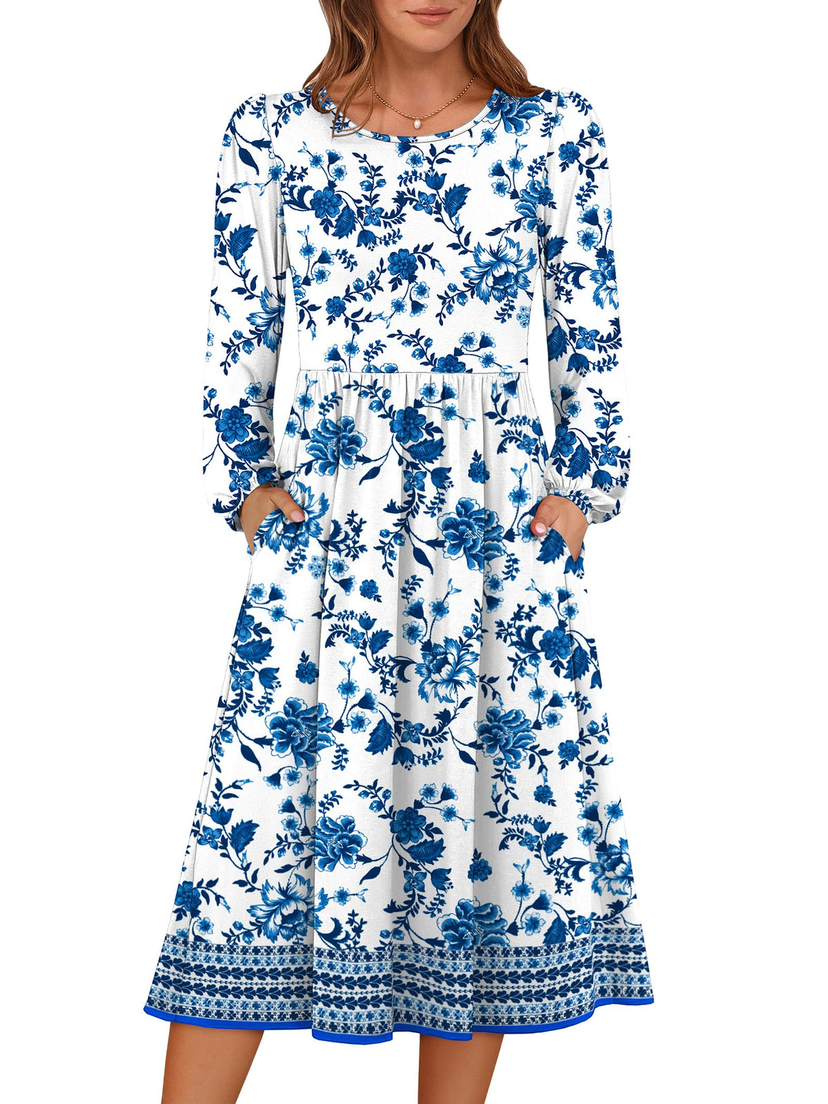 ANRABESS Women Long Sleeve Casual Fall Midi Dress Lightweight with Pockets
