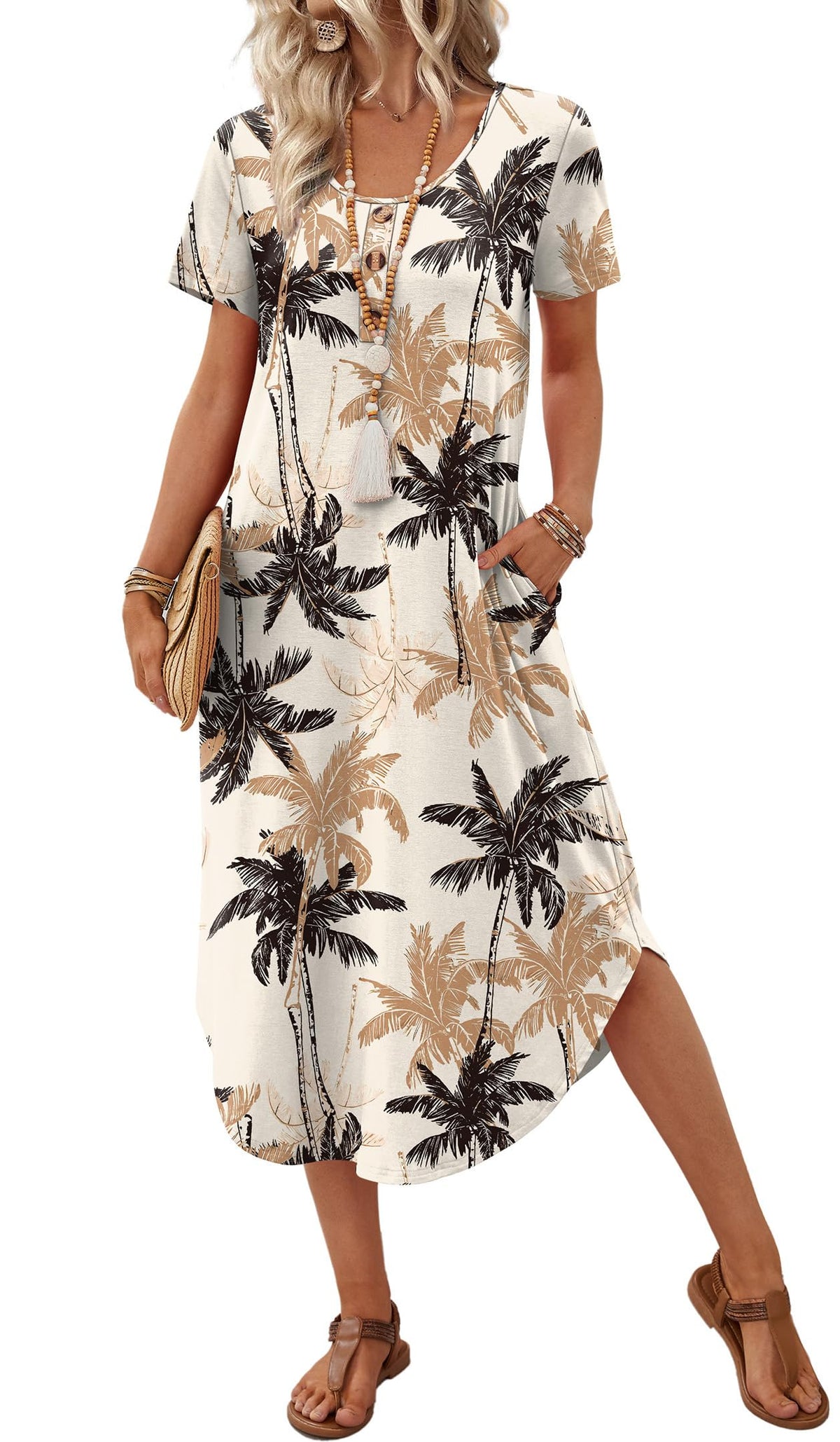 OFEEFAN Summer Dresses for Women 2026 Casual Midi Dresses Beach Vacation Outfits Tshirt Dress with Pockets Resort Wear