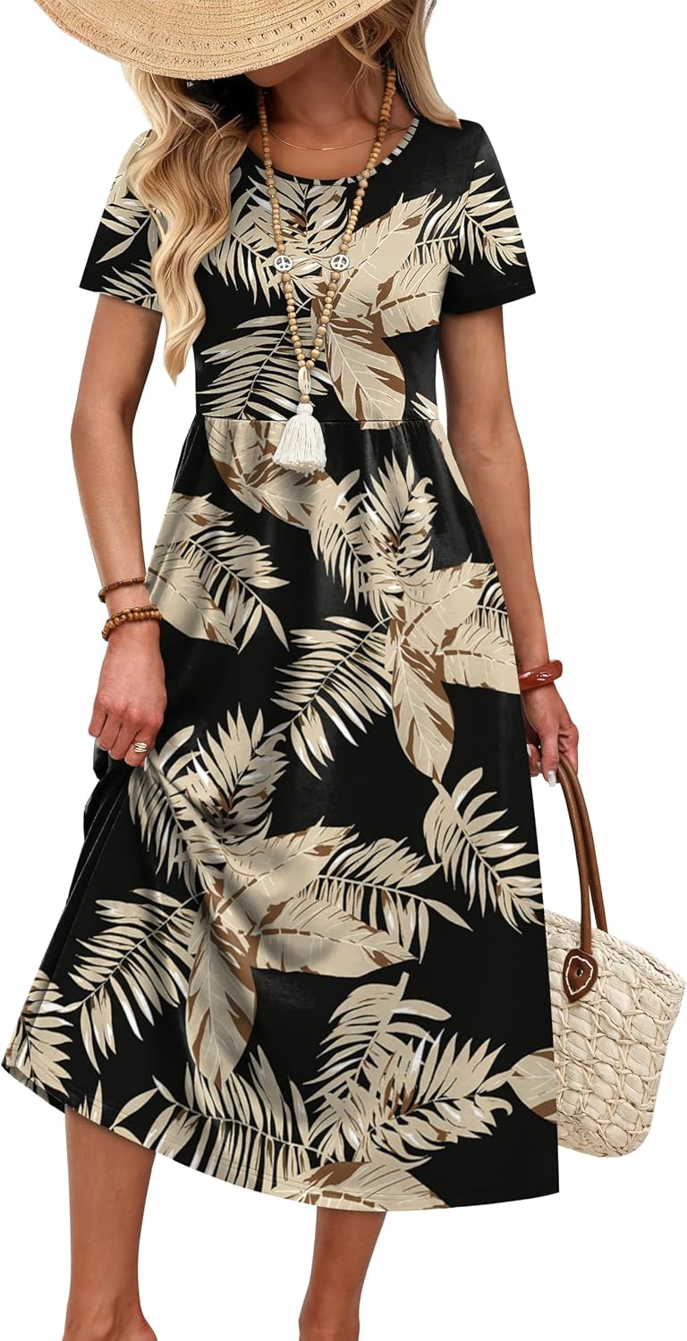 OFEEFAN Spring Summer Dresses for Women 2026 Crewneck Short Sleeve Flowy Casual Midi Beach Sundress with Pockets