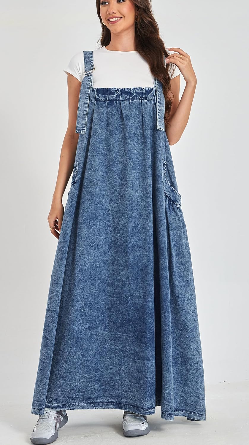 Denim Jumper Dress for Women Loose Version Baggy Style Maxi Length Adjustable Straps Wide Hemline