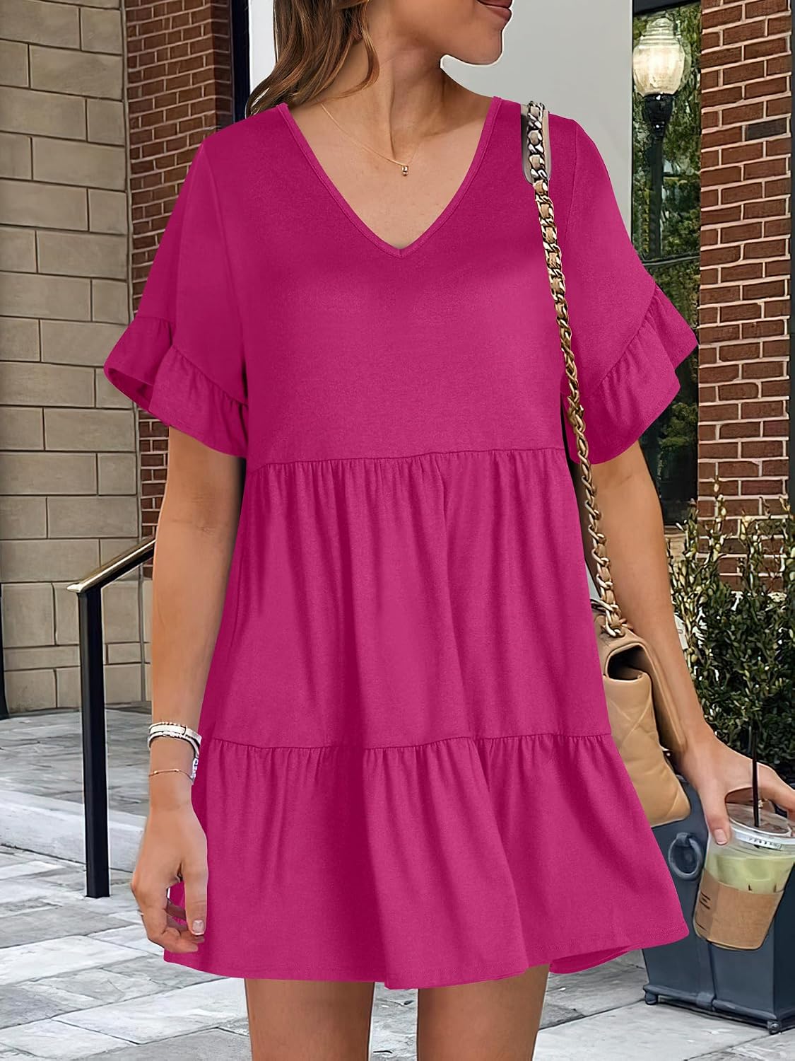 ANRABESS Dresses for Women Summer 2026 V Neck Ruffle Sleeve A Line Tiered Flowy Casual Trendy Mini Beach Dress with Pockets