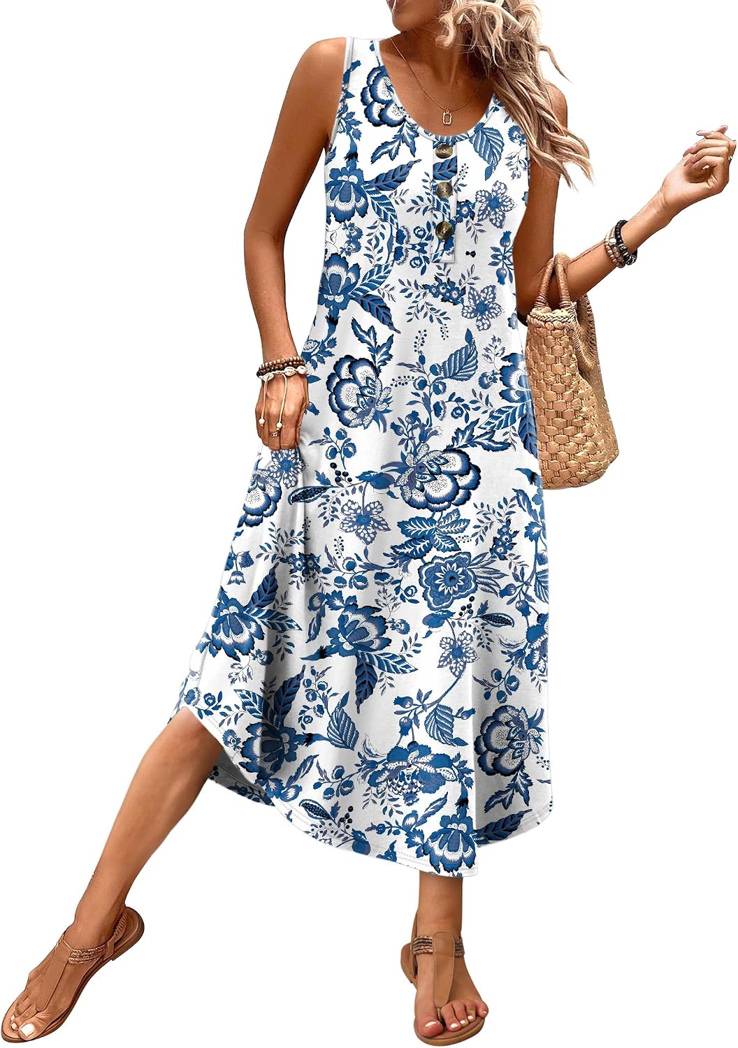 WIHOLL Summer Dresses for Women 2026 Button Front Sleeveless Casual Midi Dress Beach Vacation Sundresses with Pockets