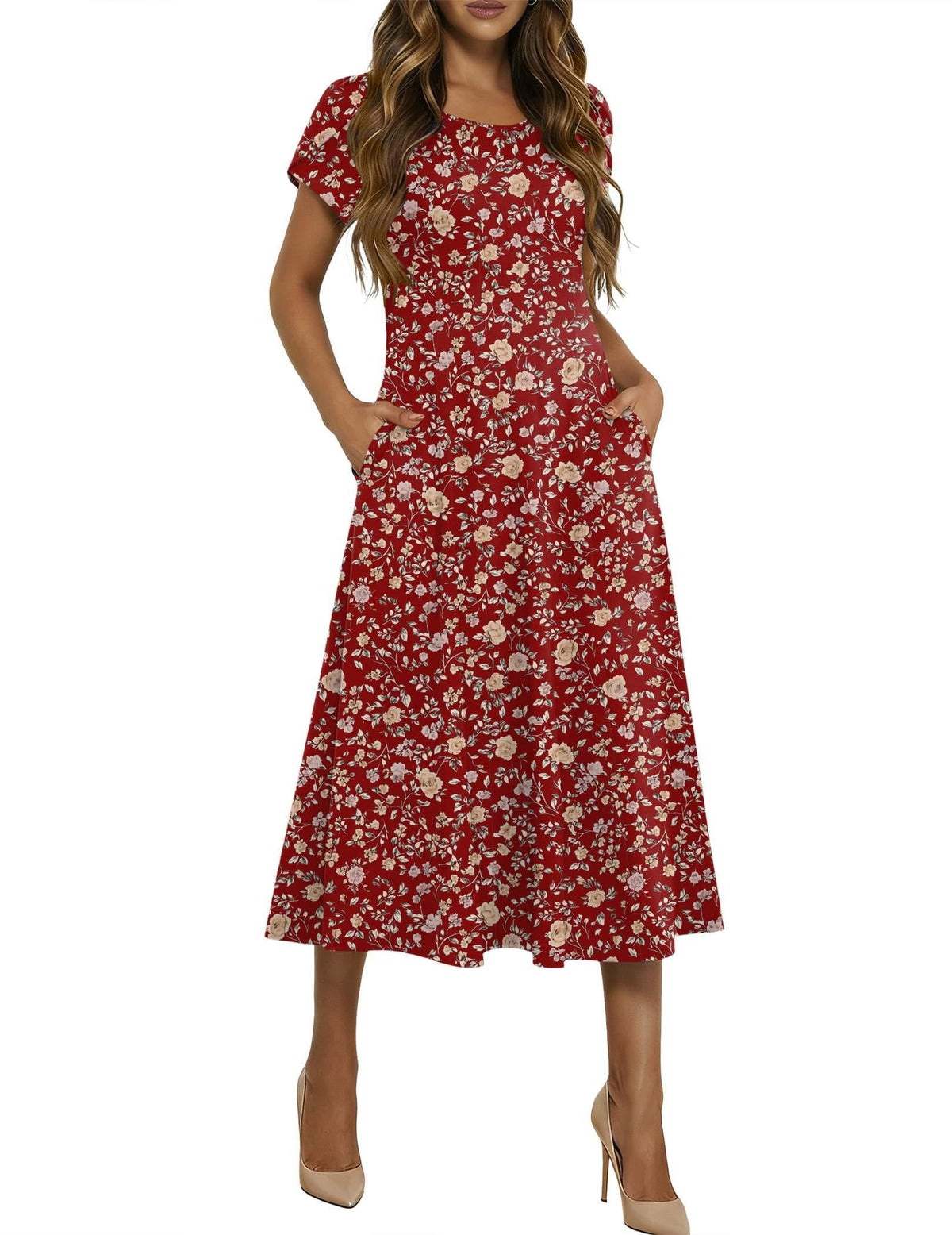 HOTOUCH Summer Dresses for Women 2026 Casual Midi Dress Petal Short Sleeve A Line Dress Pleated Flare Sundress