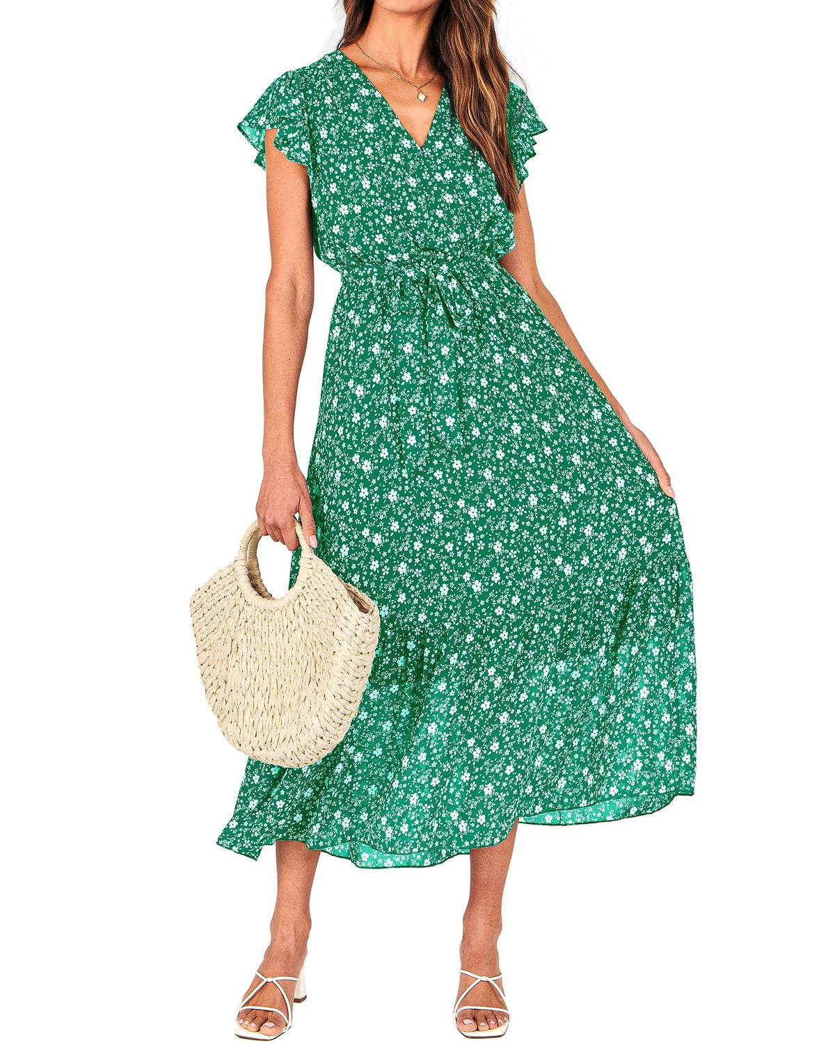 BTFBM Women Summer Casual Wrap V Neck Ruffle Cap Sleeve Belted Midi Dress