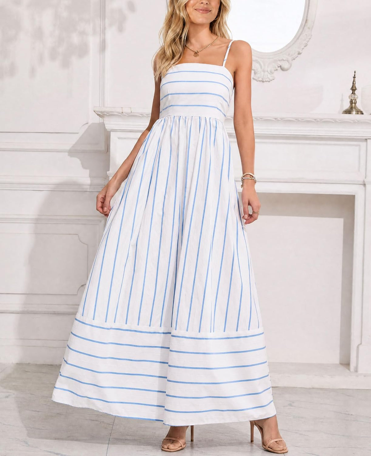 chouyatou Women's Striped Back Smocked Maxi Dress Sexy Spaghetti Strap Cut Out Flowy Swing Long Dress