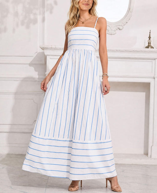 chouyatou Women's Striped Back Smocked Maxi Dress Sexy Spaghetti Strap Cut Out Flowy Swing Long Dress