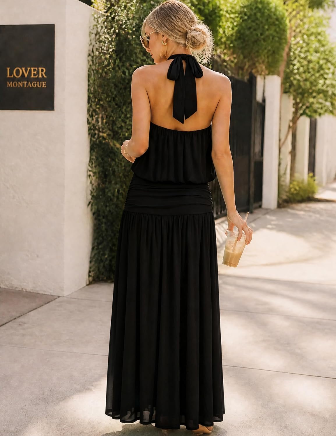 OYS Women's Elegant Sleeveless Halter Neck Ruched Cocktail Long Dress