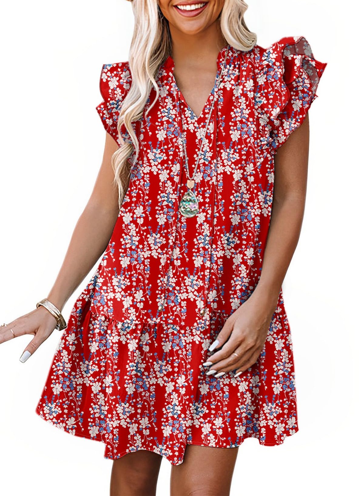 Dokotoo Womens Summer Dresses 2026 V-Neck Drawstring Ruffle Cap Short Sleeve Side Pockets Mini Dress Sundress