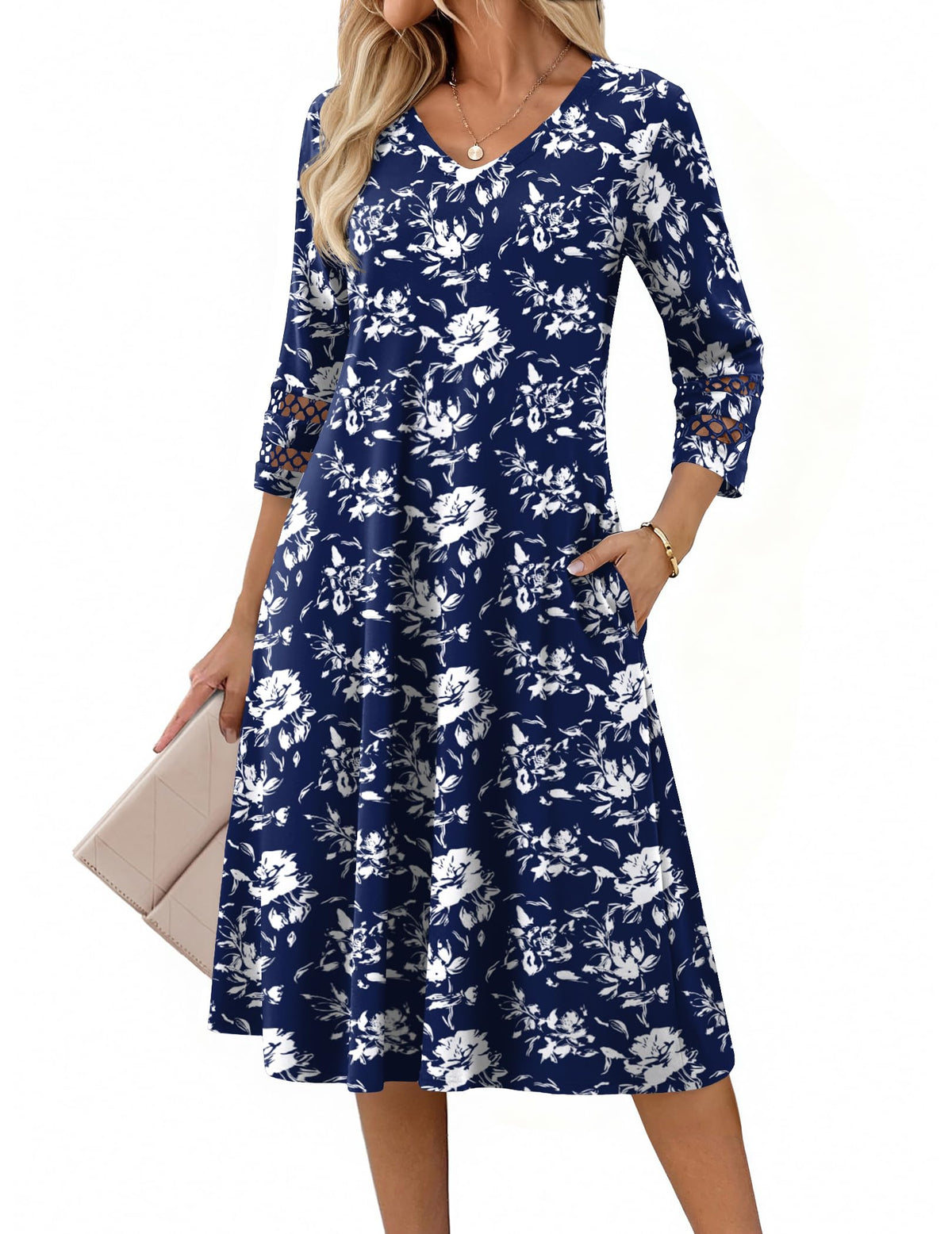 Zeagoo Women's Dresses 3/4 Sleeve Casual V-Neck A Line Eyelet Midi Dress