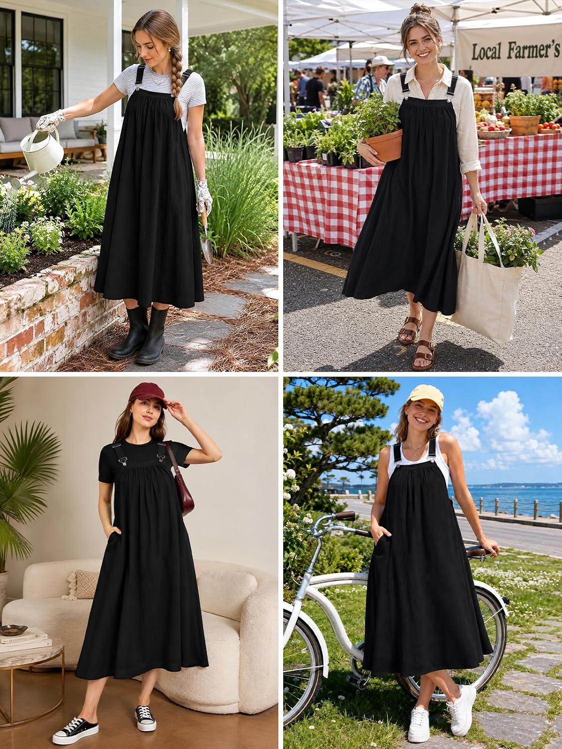 Moon Wood Cotton Overall Dress for Women Jumper Dress with Pockets Summer Casual Midi Dress