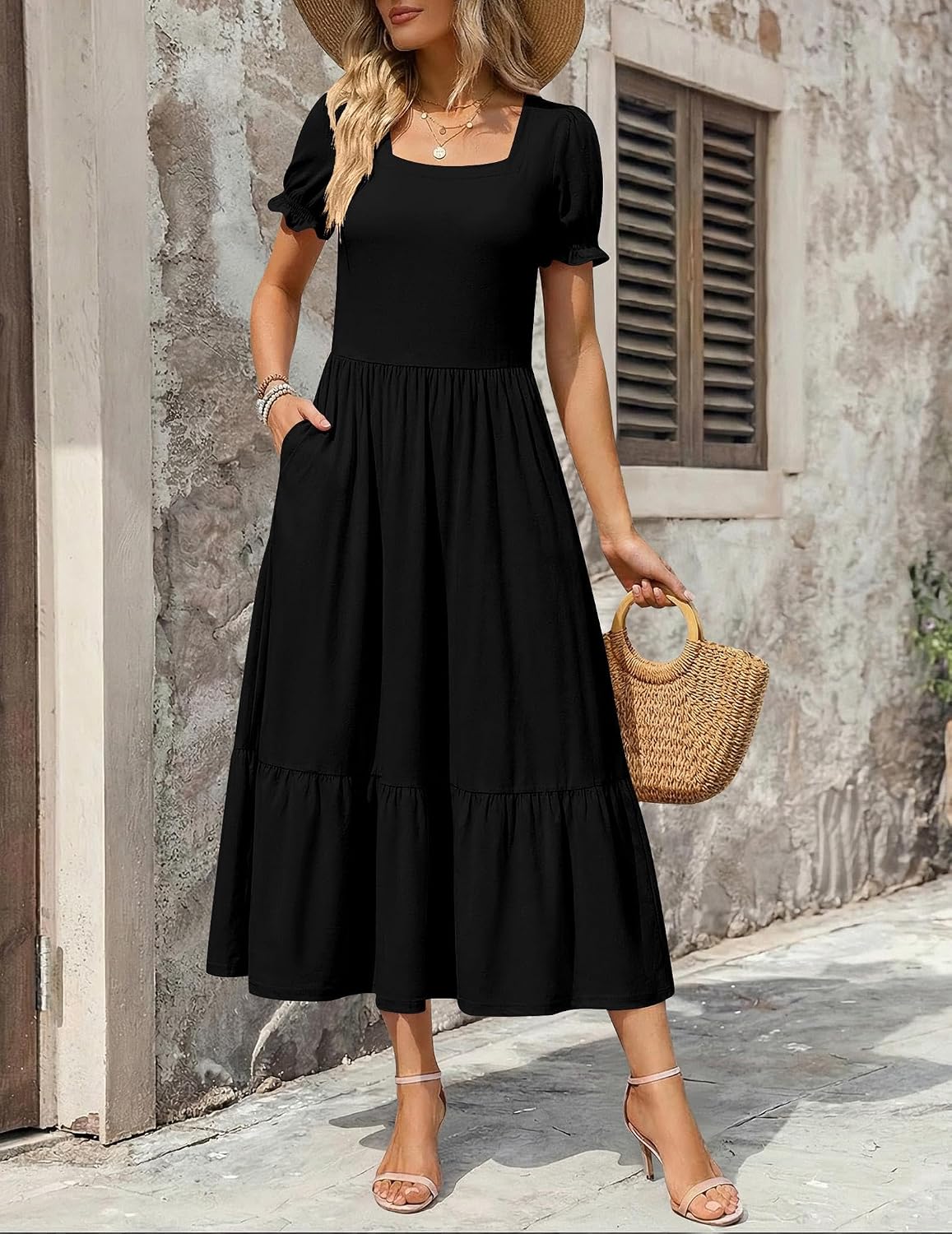 Zeagoo Summer Dresses for Women Flowy Casual Midi Dress Short Sleeve Tiered Dress Beach Vacation Sundresses with Pockets