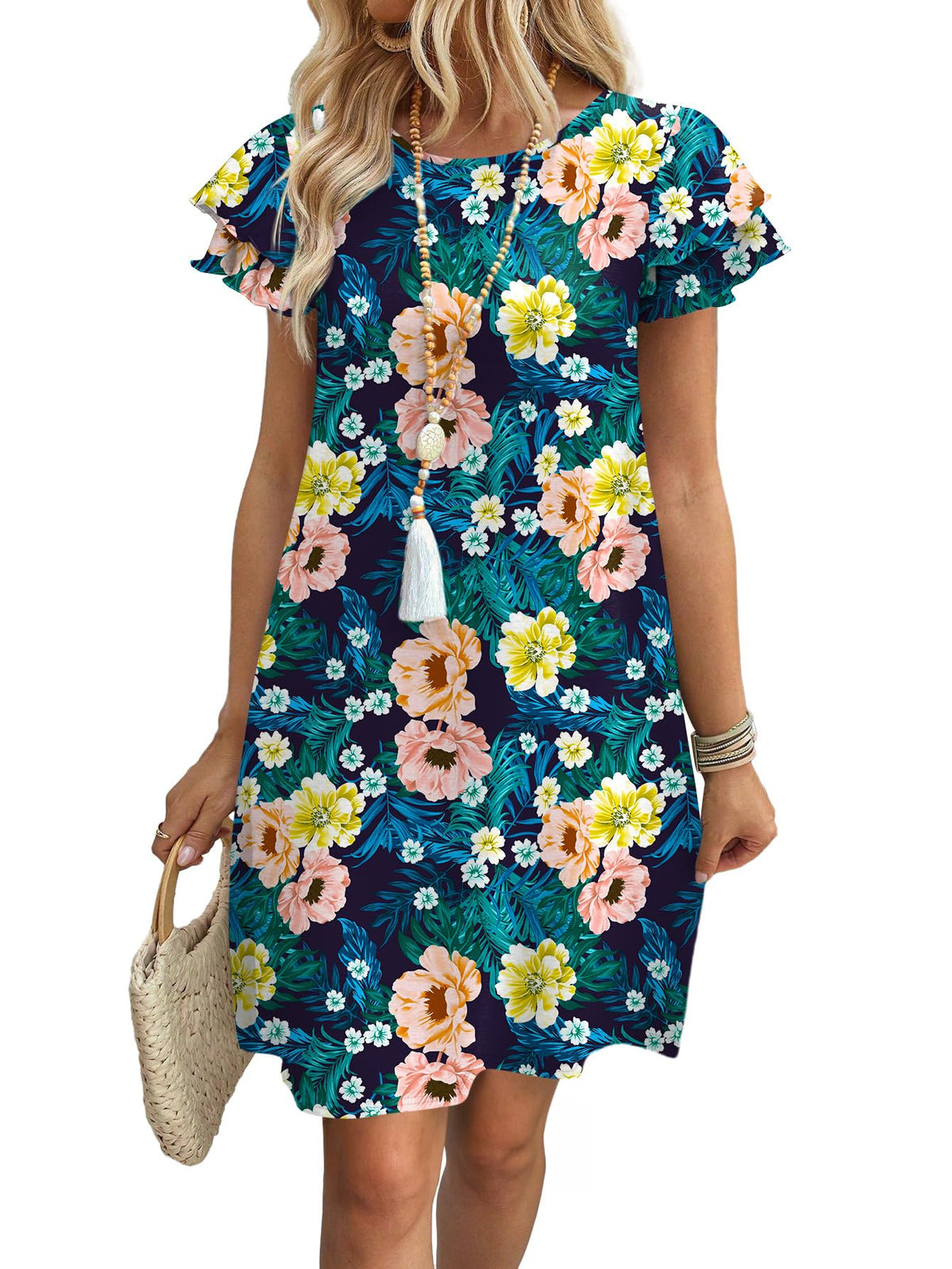 OFEEFAN Womens Summer Dresses 2026 Ruffle Sleeve Round Neck Loose Swing Sundresses with Pockets Plain/Print