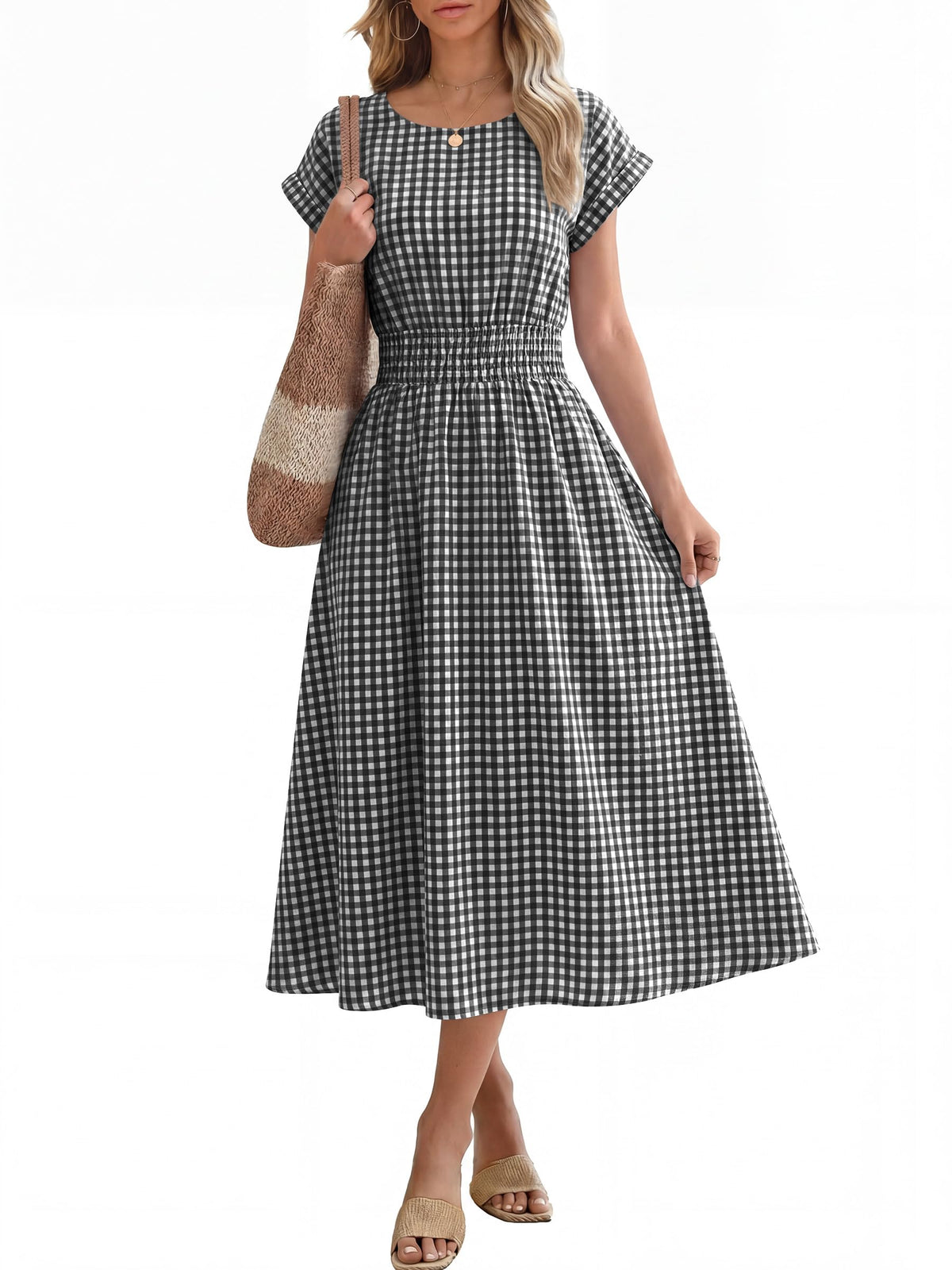 ANRABESS Womens Summer Midi Dress Striped Casual Short Sleeve Crewneck Elastic Waist 2026 Flowy Long Beach Dress with Pockets