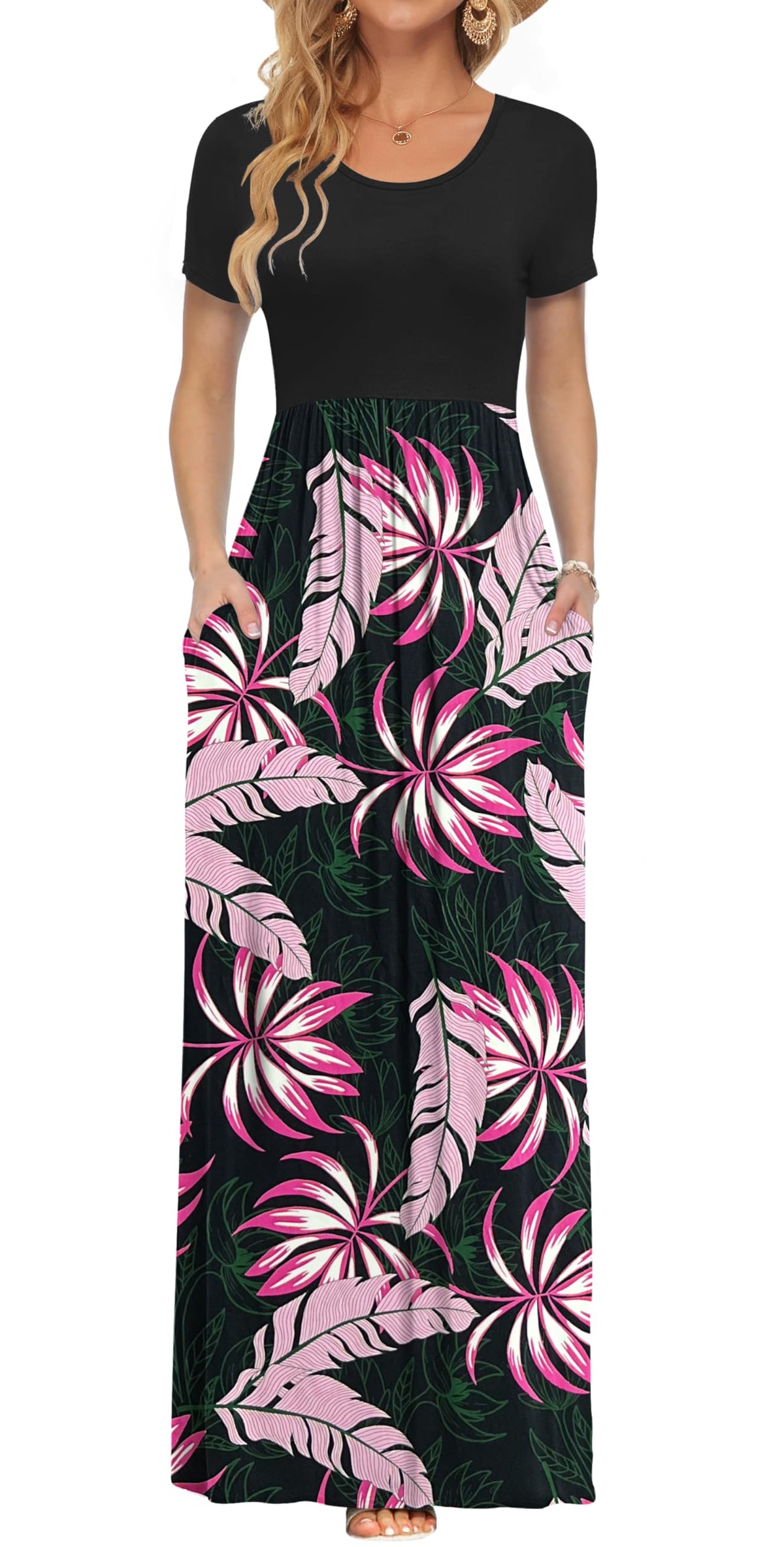 AUSELILY Women's Summer Short Sleeve Loose Plain Casual Long Maxi Dresses