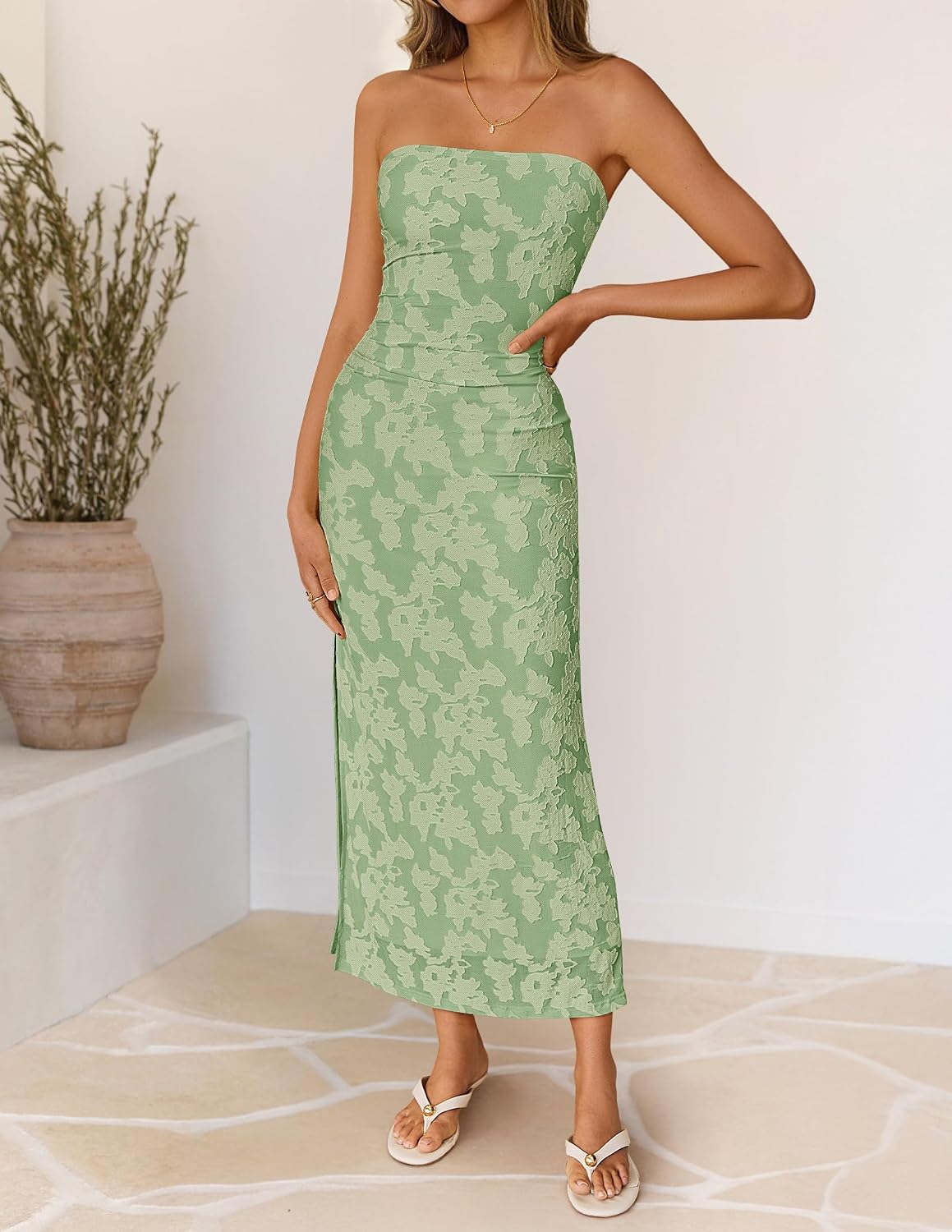 ZESICA Womens Summer Strapless Floral Bodycon Ruched Slit Maxi Formal Dress