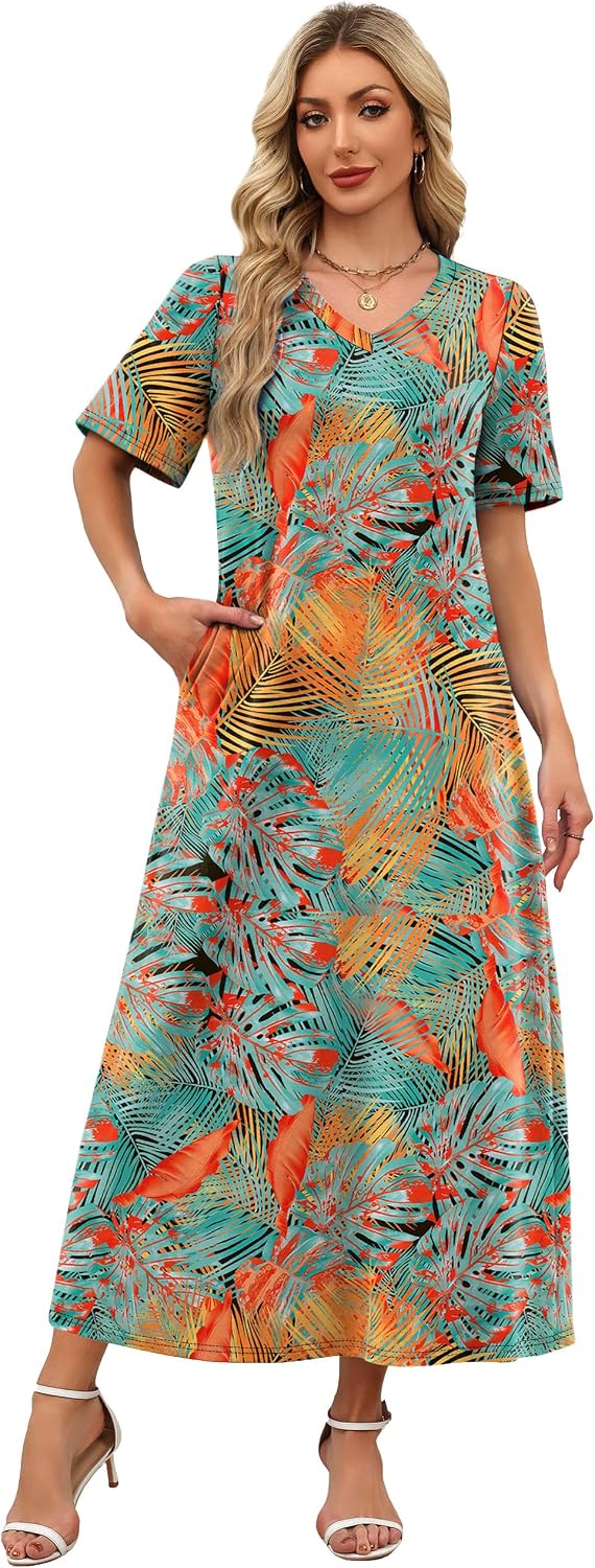 WIHOLL Women's Maxi Dresses V Neck Vacation Beach Sundresses Floral Travel Summer Dress