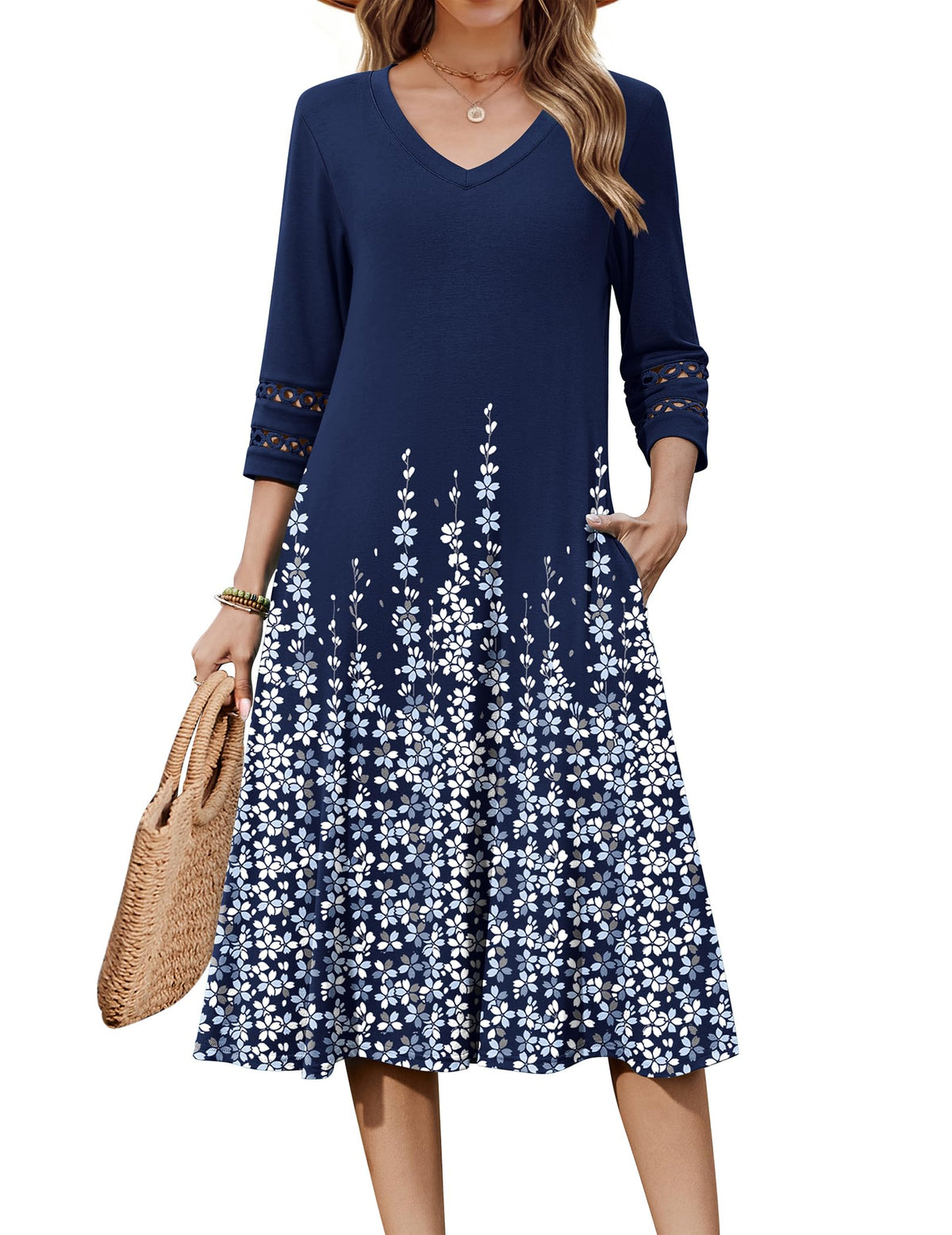 Zeagoo Women's Dresses 3/4 Sleeve Casual V-Neck A Line Eyelet Midi Dress