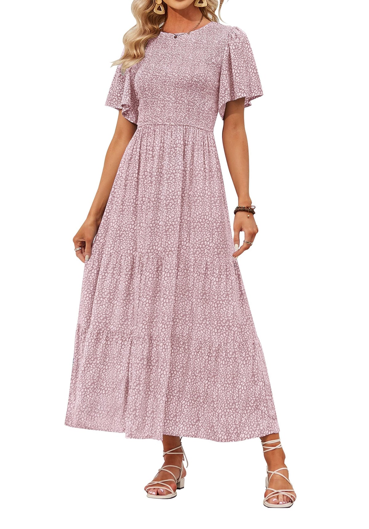 ZESICA Women's Summer Boho Floral Smocked Short Sleeve Maxi Dress