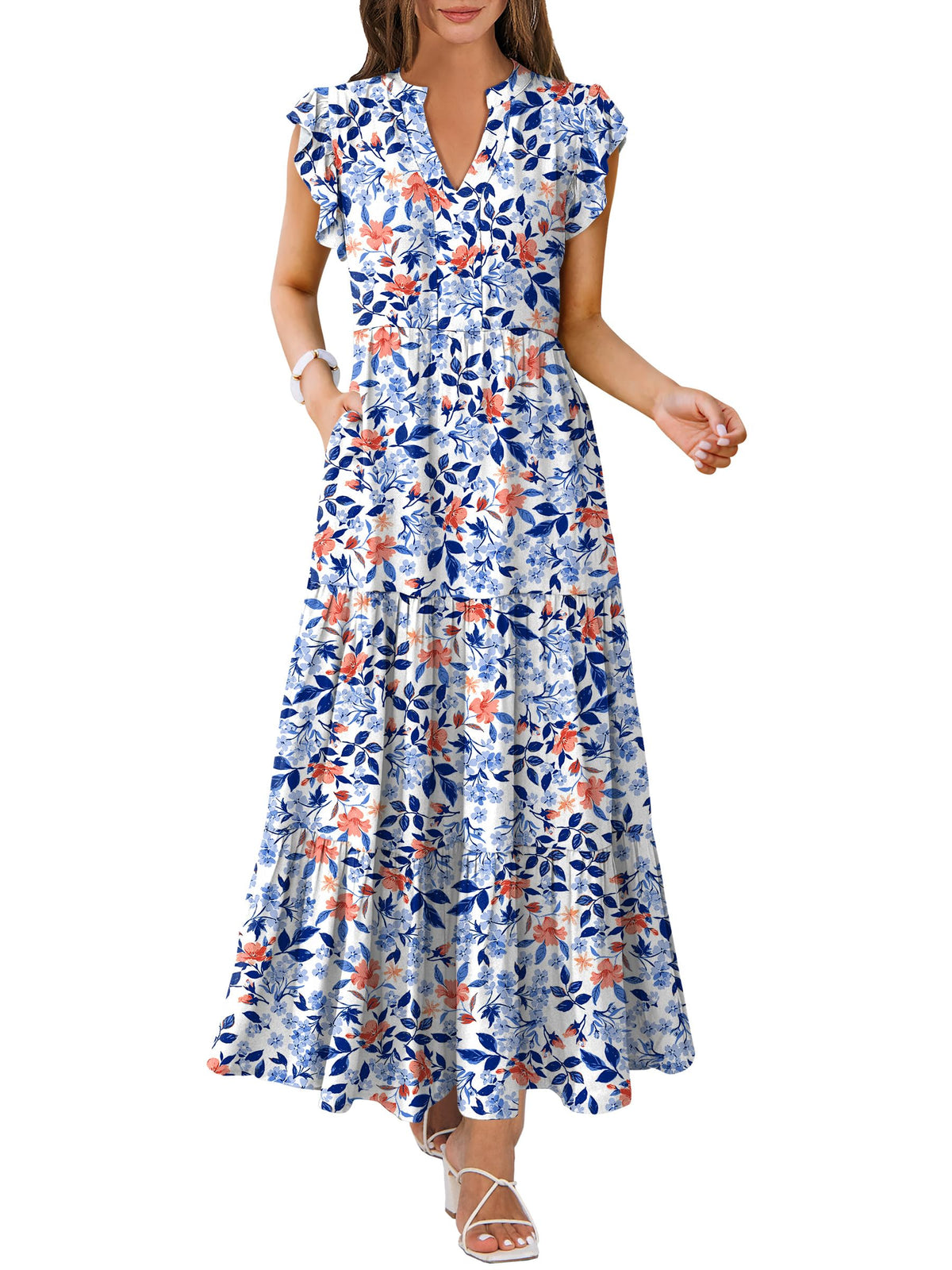ANRABESS Womens Summer Dress Ruffle Sleeve V Neck Vacation Maxi Dresses