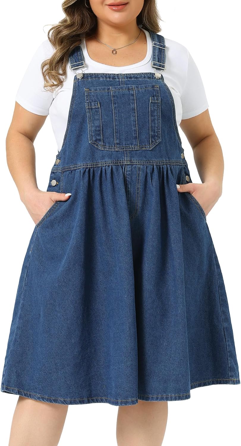 Agnes Orinda Plus Size Women's Denim Overalls Dress Casual Romper Sleeveless Adjustable Straps Jumper Jean Midi Dresses 2026