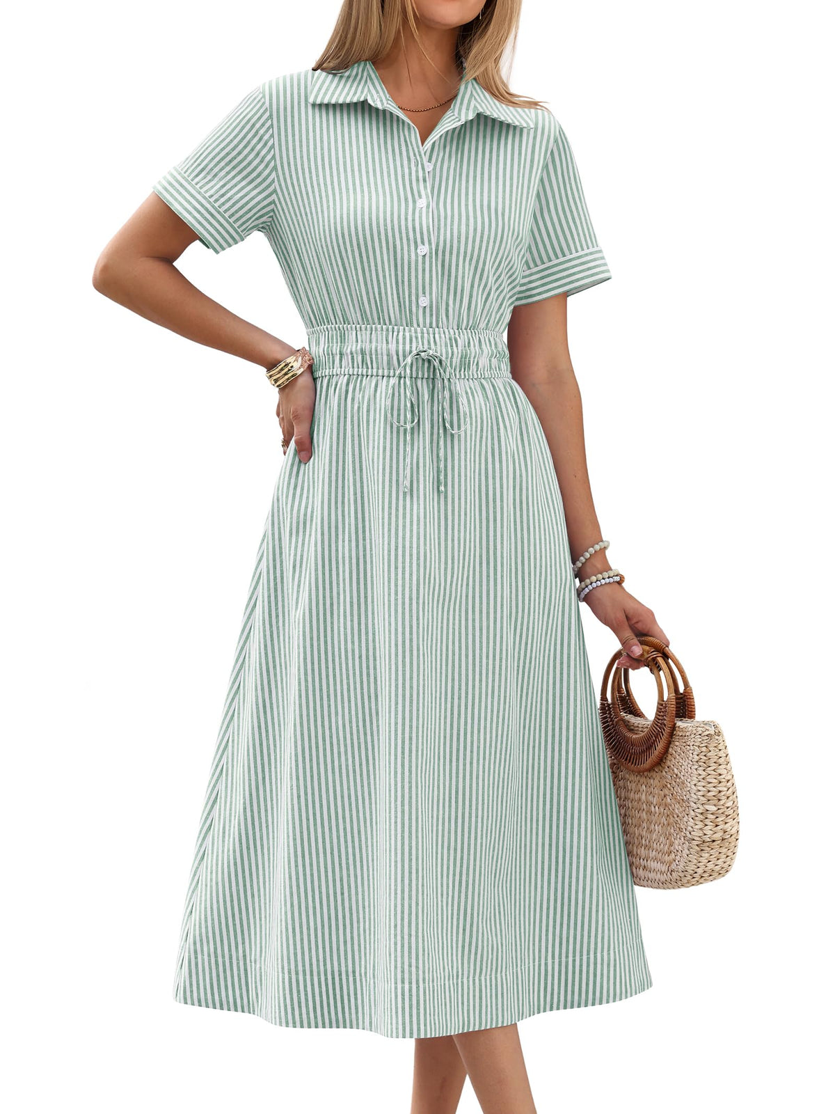ANRABESS Women Summer Short Sleeve Midi Dress, Striped & Gingham, Casual A-Line Button Collar Shirt Dress, Beach & Vacation