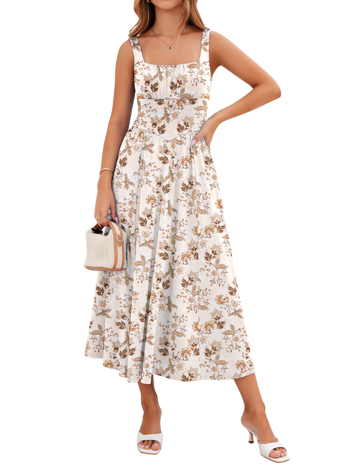 YIOYOLA Womens Casual Summer Dress with Pockets | Sleeveless Square Neck Flowy A-Line Midi Sundress for Beach & Wedding Guest