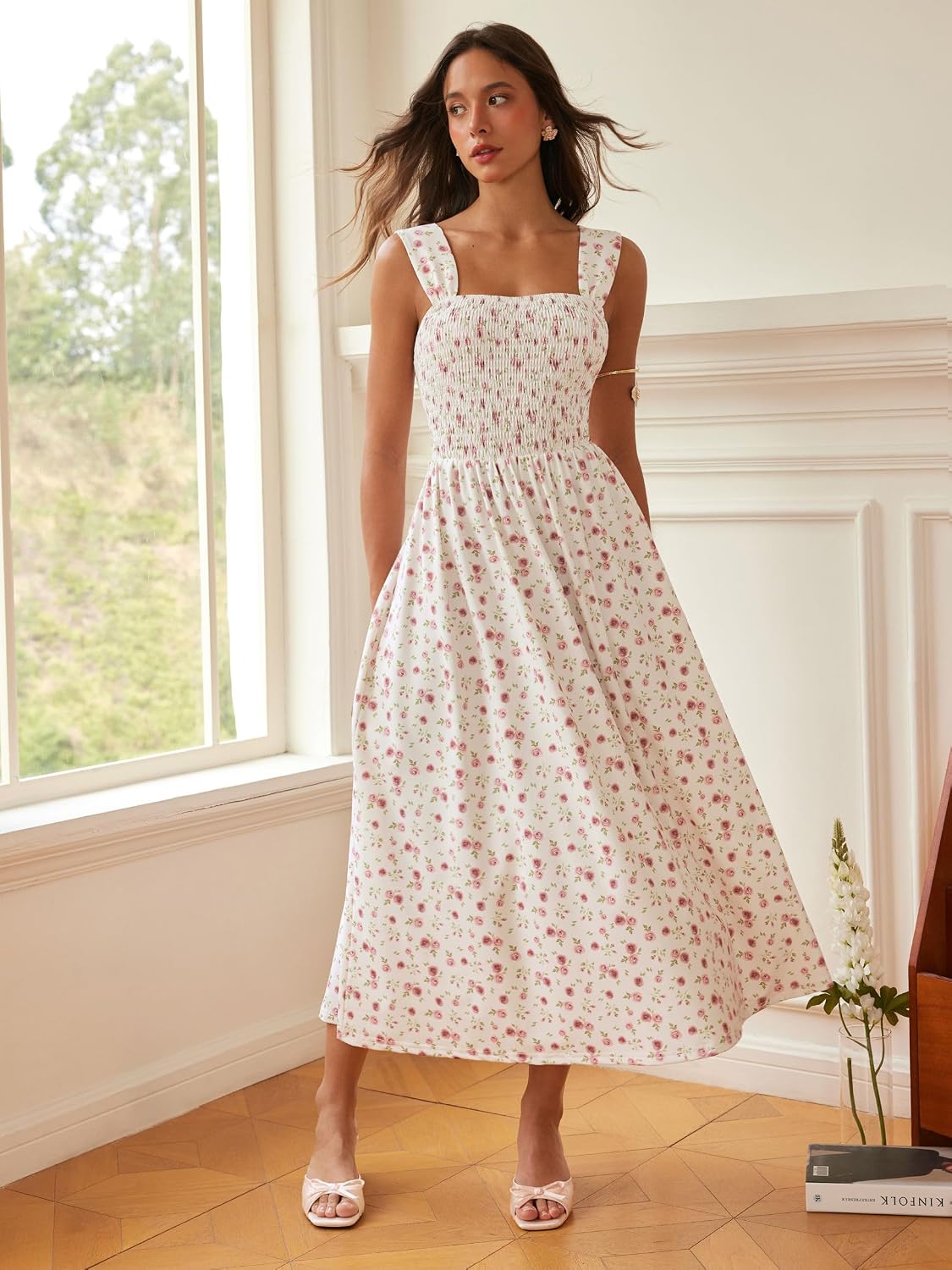 CIDER Womens Floral Smocked Dresses Square Neck Long Midi Sundress