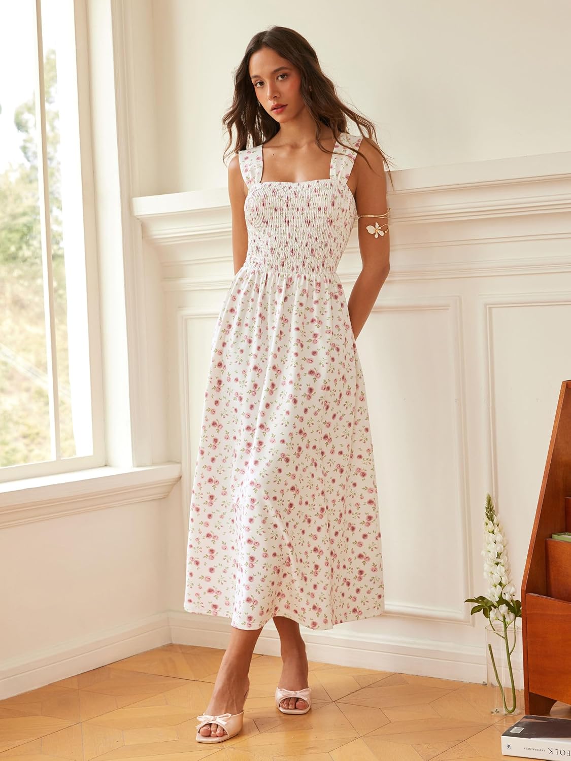 CIDER Womens Floral Smocked Dresses Square Neck Long Midi Sundress