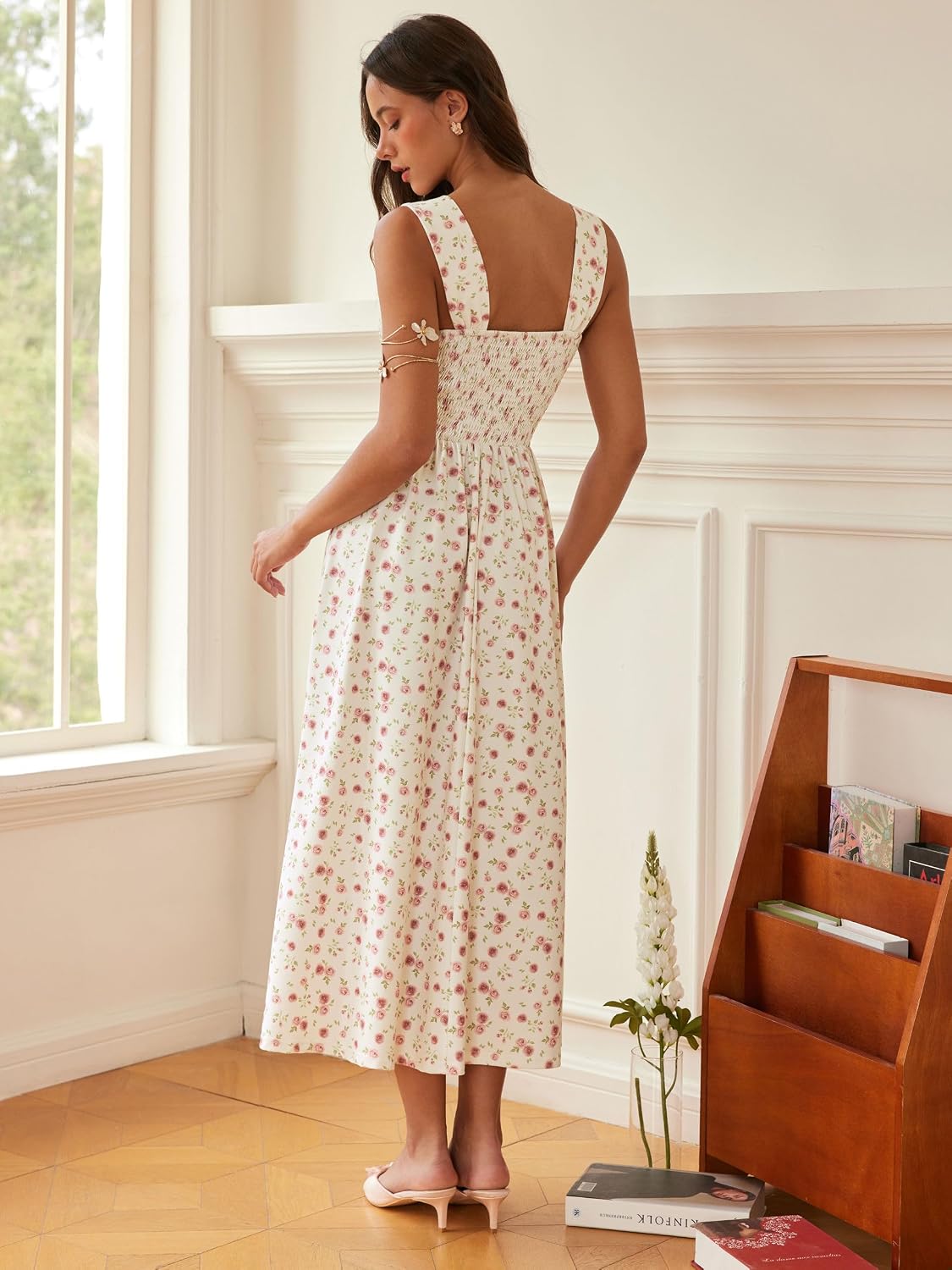 CIDER Womens Floral Smocked Dresses Square Neck Long Midi Sundress