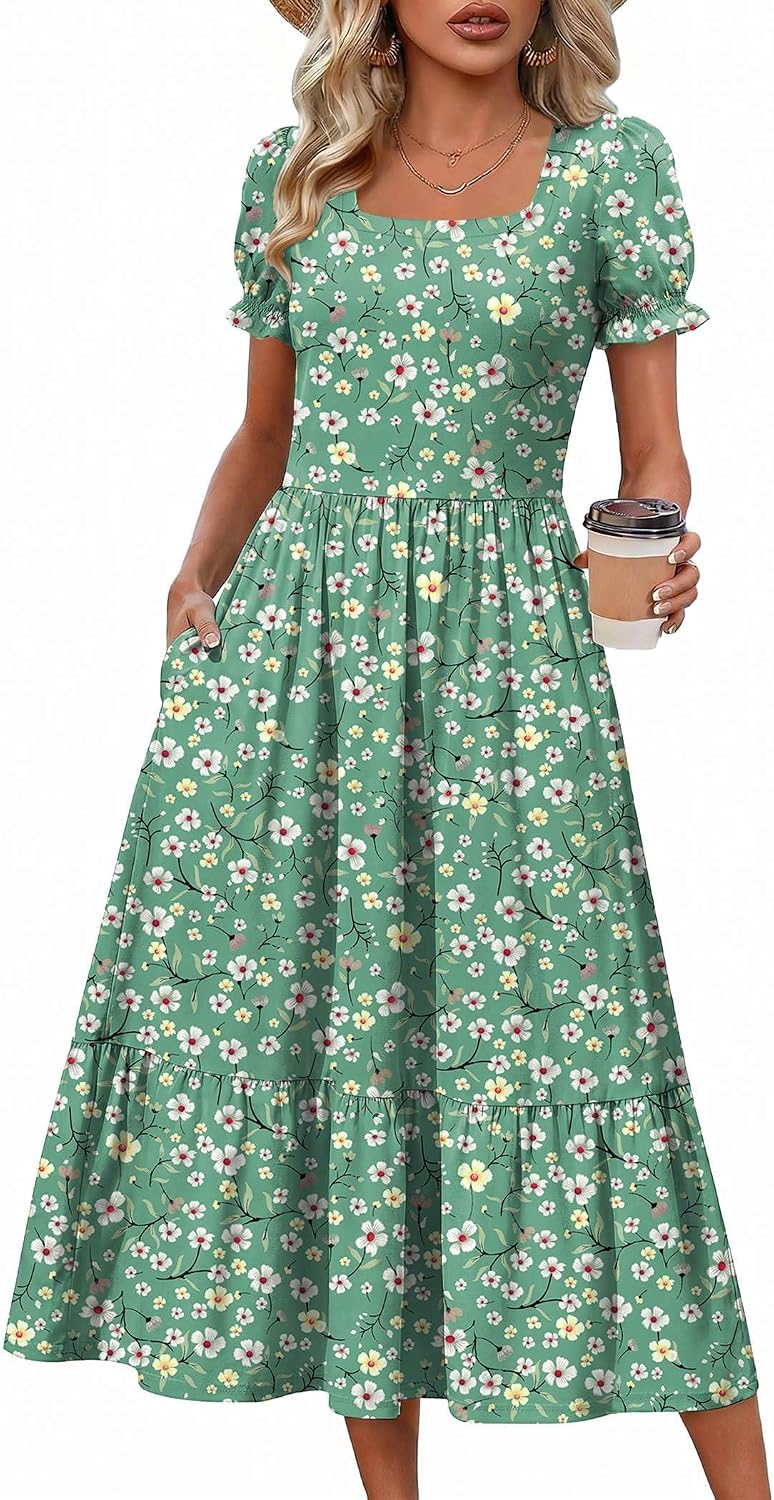 Zeagoo Summer Dresses for Women Flowy Casual Midi Dress Short Sleeve Tiered Dress Beach Vacation Sundresses with Pockets