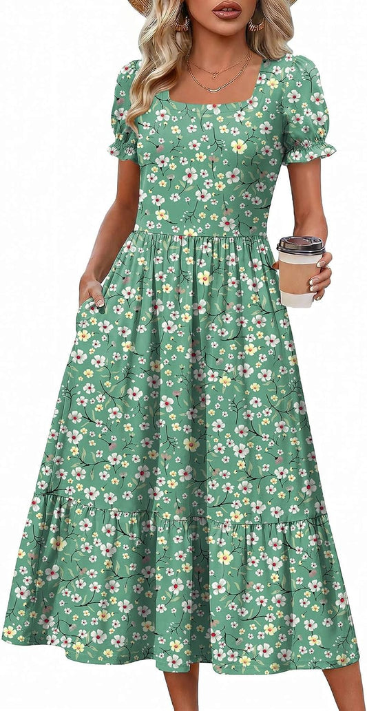 Zeagoo Summer Dresses for Women Flowy Casual Midi Dress Short Sleeve Tiered Dress Beach Vacation Sundresses with Pockets