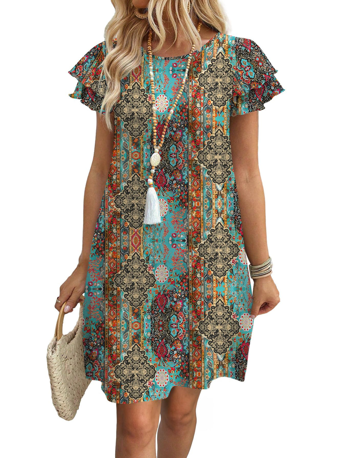 OFEEFAN Womens Summer Dresses 2026 Ruffle Sleeve Round Neck Loose Swing Sundresses with Pockets Plain/Print