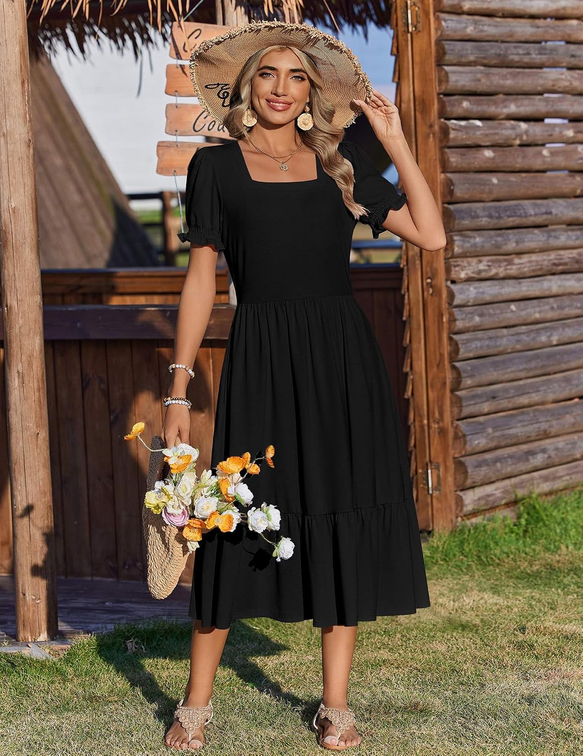 Zeagoo Summer Dresses for Women Flowy Casual Midi Dress Short Sleeve Tiered Dress Beach Vacation Sundresses with Pockets