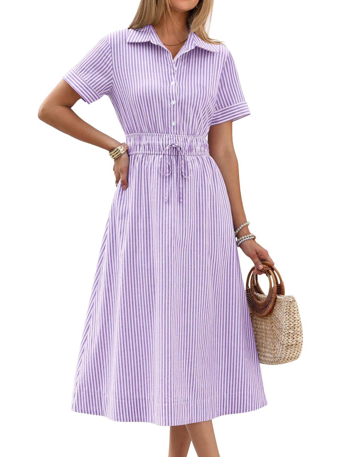 ANRABESS Women Summer Short Sleeve Midi Dress, Striped & Gingham, Casual A-Line Button Collar Shirt Dress, Beach & Vacation
