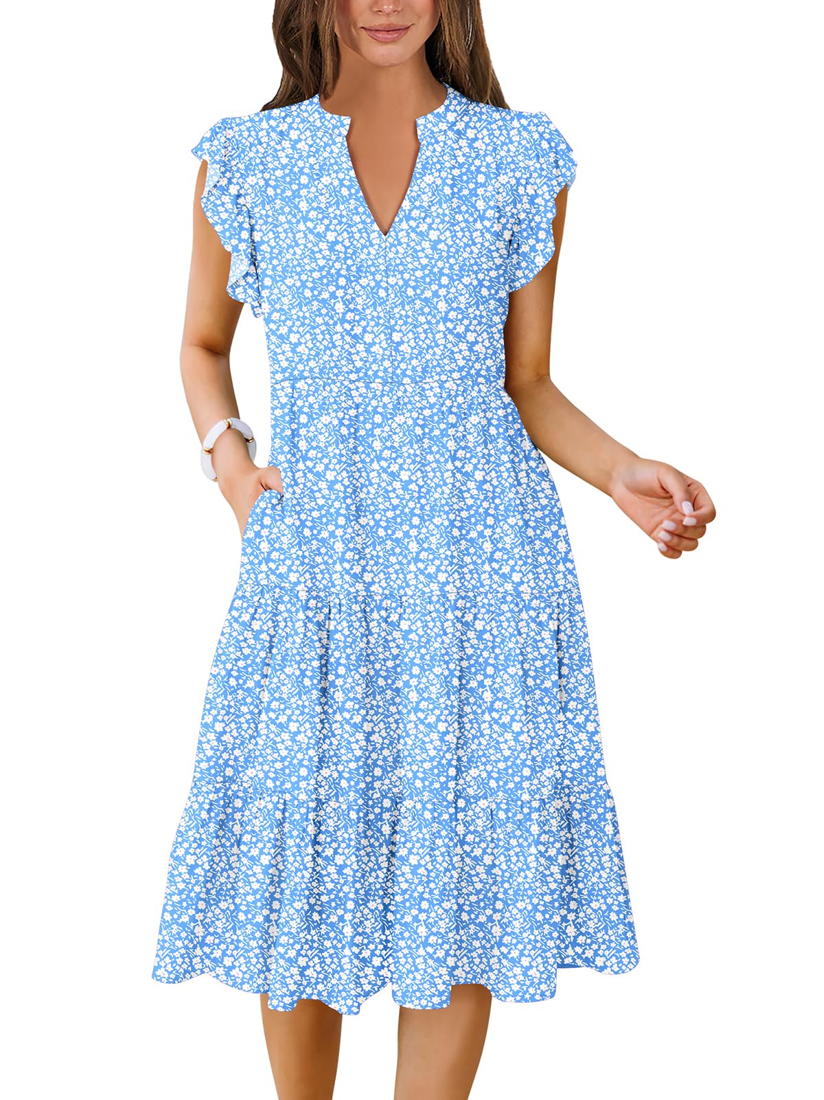 ANRABESS Womens Summer Dress Ruffle Sleeve V Neck Midi Dresses
