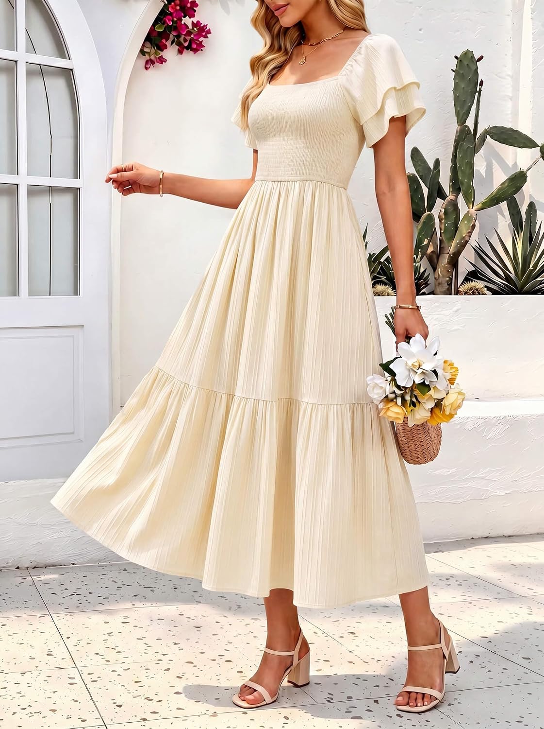 Women's Summer Midi Dress Short Sleeve Square Neck Off Shoulder Ruffle Elastic High Waist Vacation Dress with Pockets