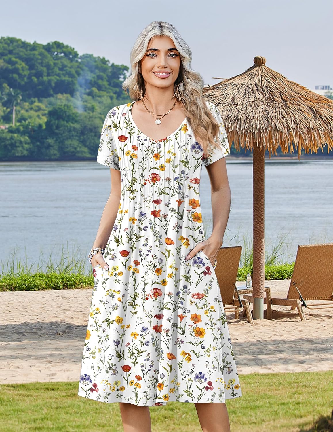 Zeagoo Womens Casual Summer Dress 2026 Short Sleeve Dresses Pleats Midi A Line Flowy Dress Boho Beach Sundress with Pockets