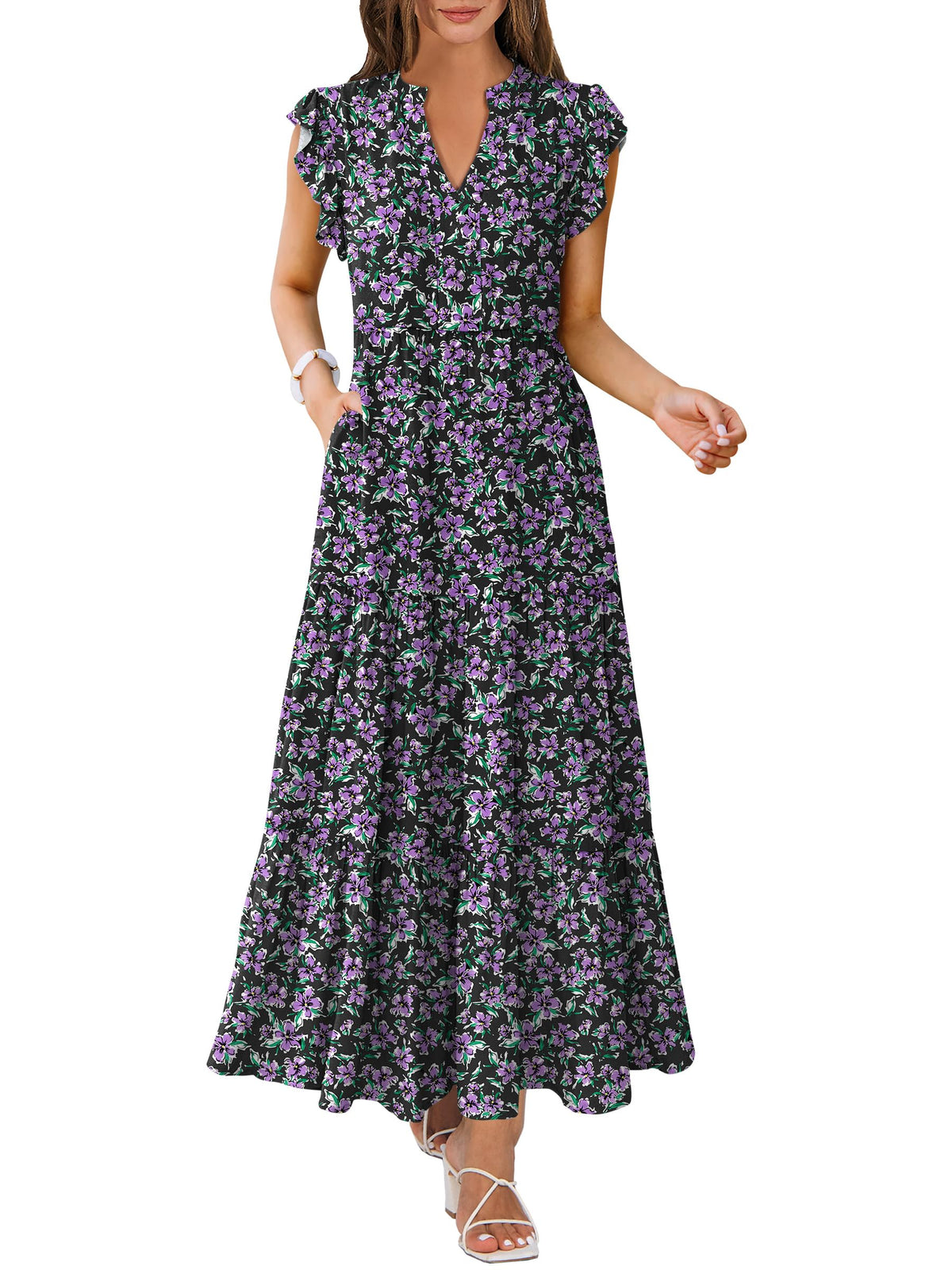 ANRABESS Womens Summer Dress Ruffle Sleeve V Neck Vacation Maxi Dresses