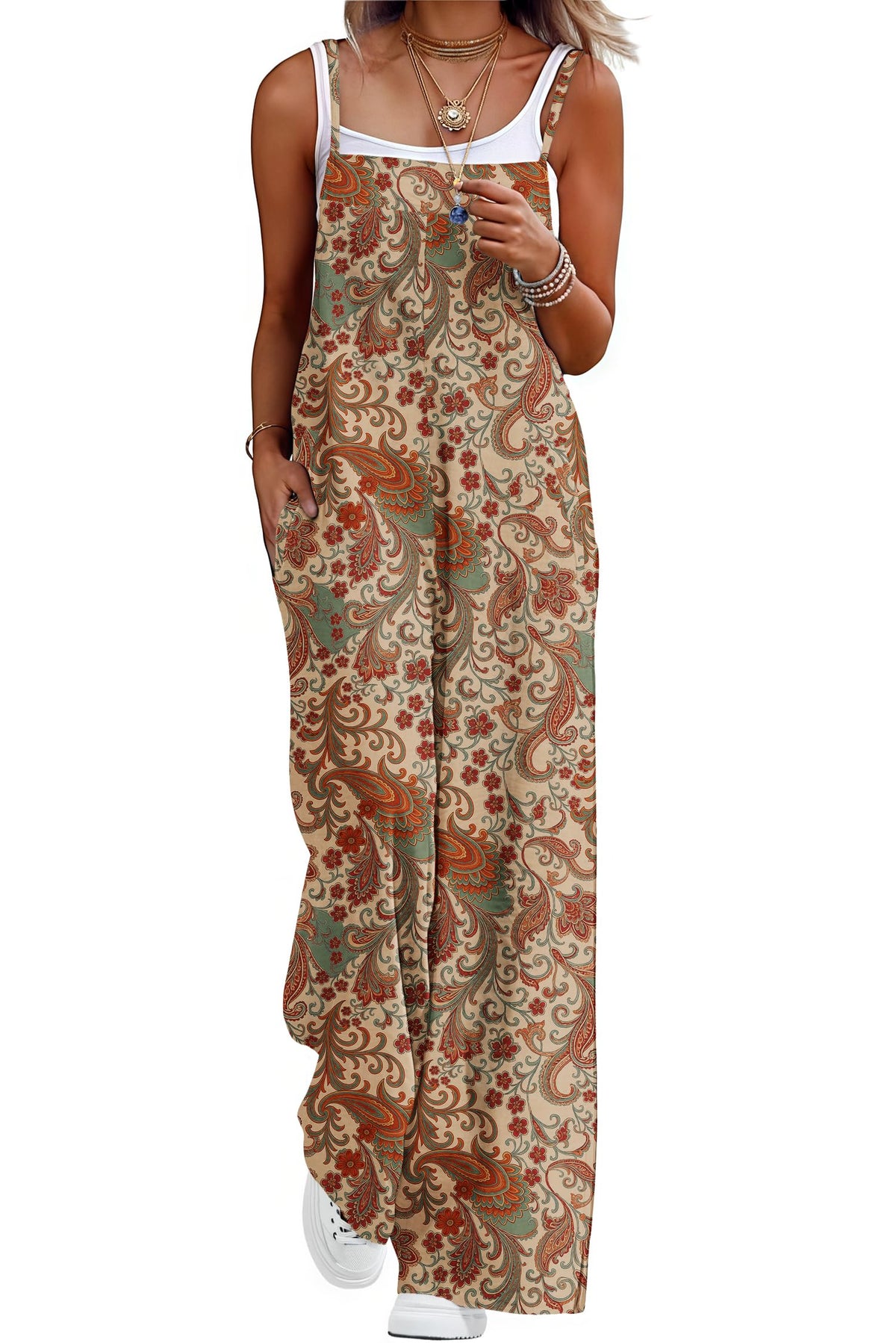 Lepunuo Womens Casual Loose Jumpsuits Summer Boho Wide Leg Rompers Sleeveless Overalls with Pockets