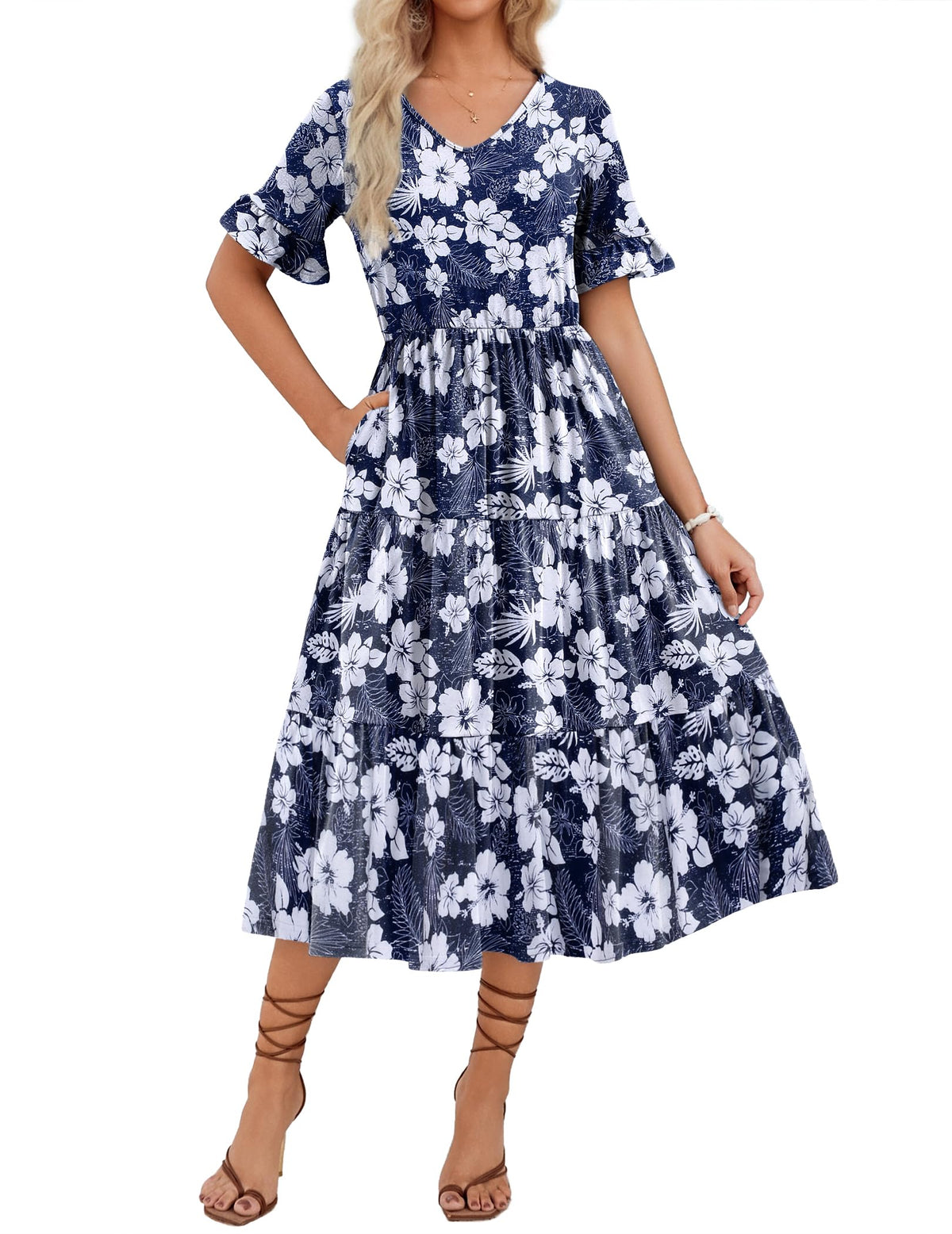 ZEAGOO Women's Summer Dresses Midi Tiered Casual Dress Floral V Neck Ruffle Short Sleeve Flowy Beach Dress with Pockets