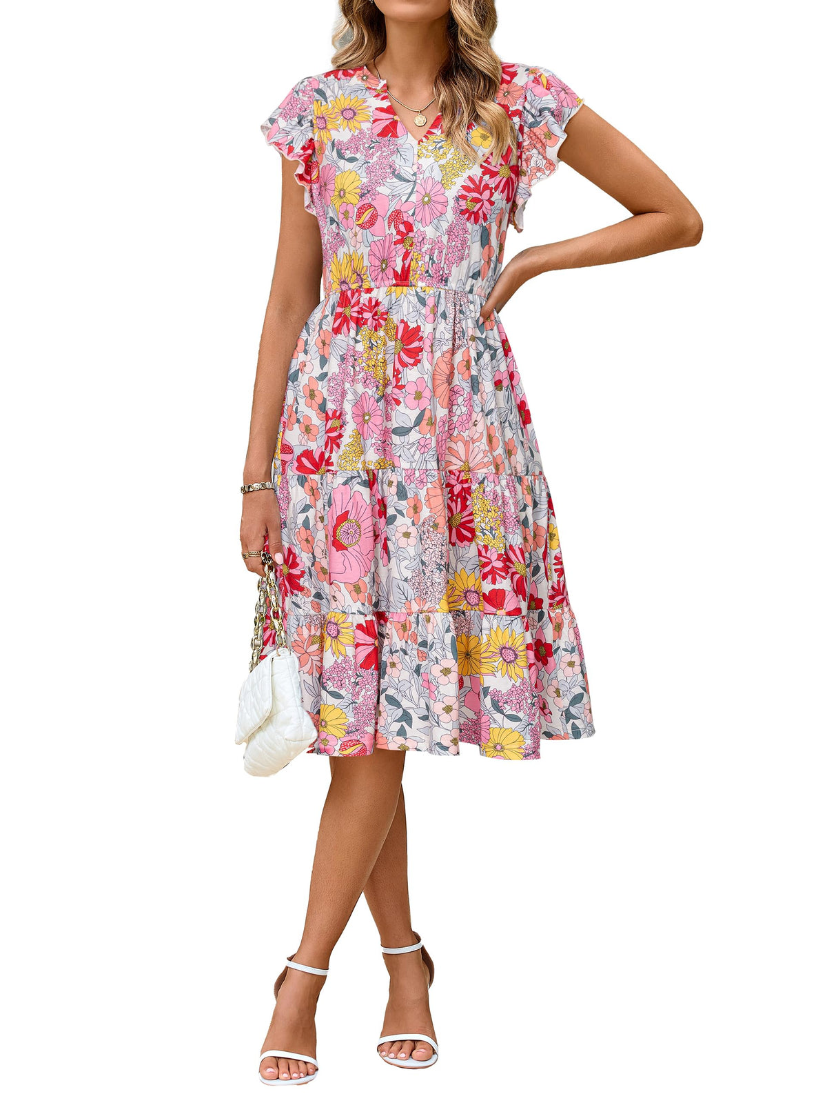Glamaker Floral Tiered Midi Sundress Casual Summer V Neck Flutter Sleeve Striped Sun Dress with Pockets