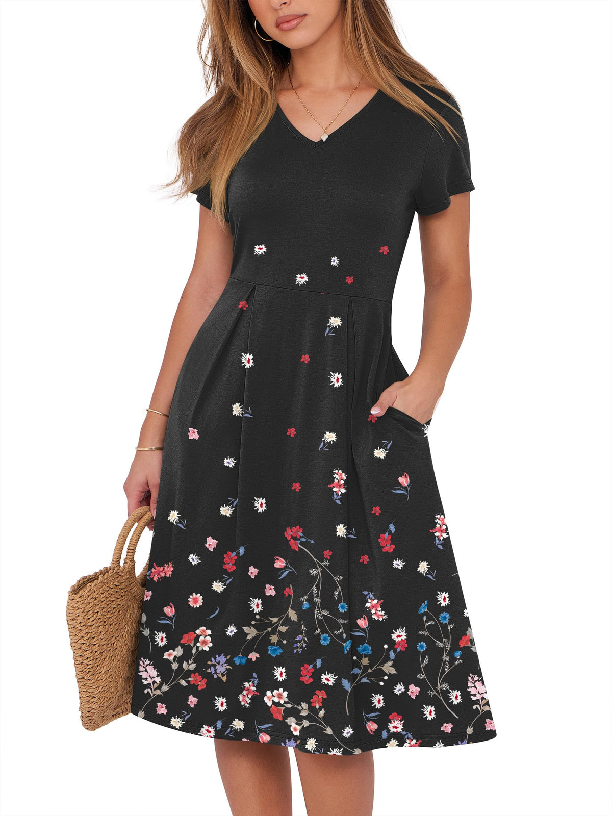 ANRABESS Women Summer Dress Casual Short Sleeve V Neck A-Line Knee Length Pleated Flowy 2026 Fashion Midi Dresses with Pocket