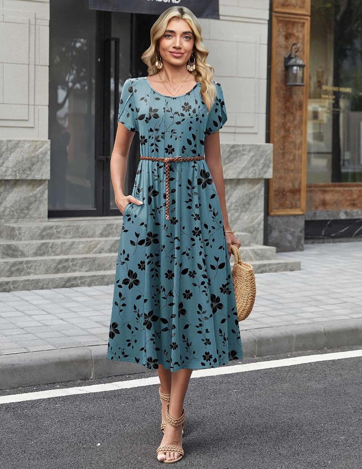 HOTOUCH Summer Dresses for Women 2026 Casual Midi Dress Petal Short Sleeve A Line Dress Pleated Flare Sundress