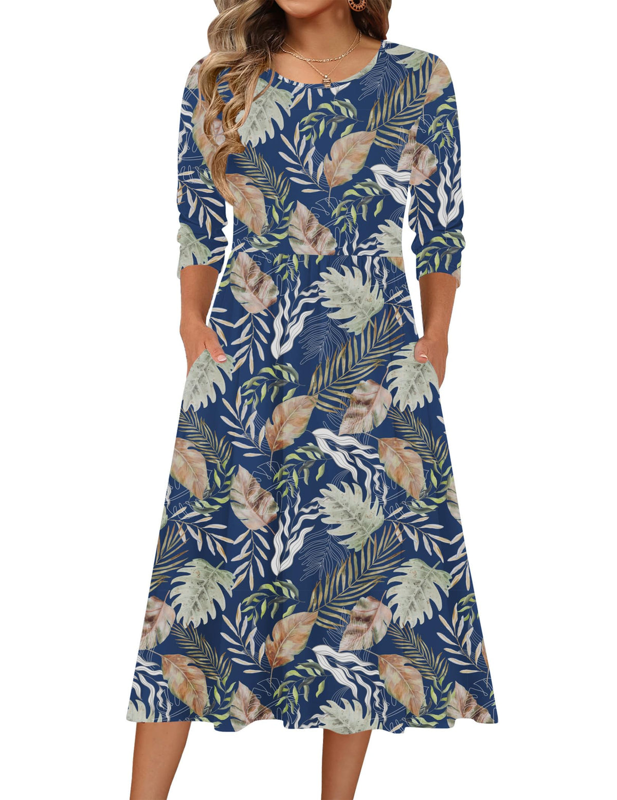 Zeagoo 3/4 Sleeve Women's Dress Casual Aline Summer Fall Midi Long Dresses