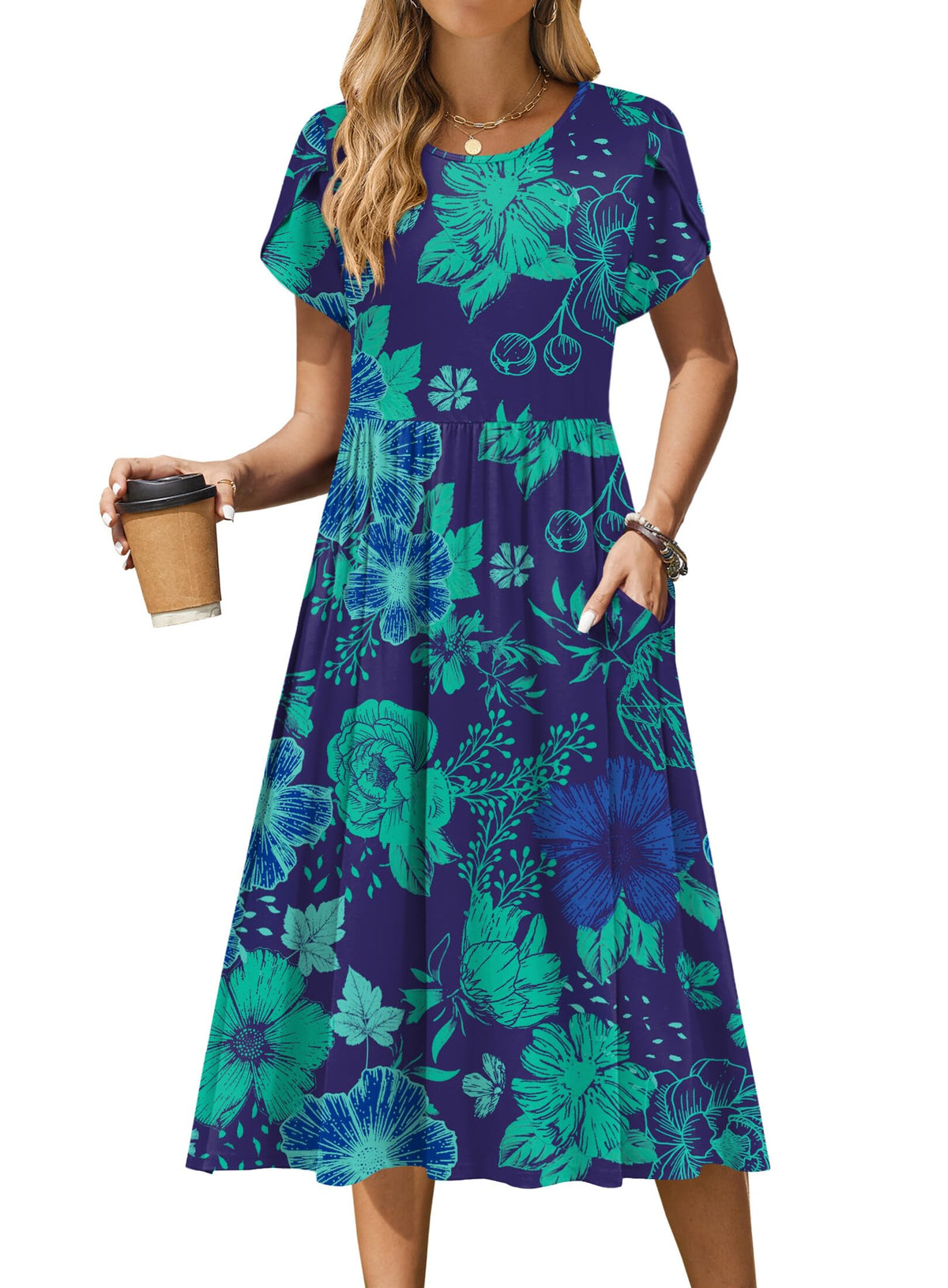 Zeagoo Womens Summer Dresses Casual Aline Midi Dress Short Sleeve Floral Tshirt Dress Flowy Beach Sundresses with Pockets