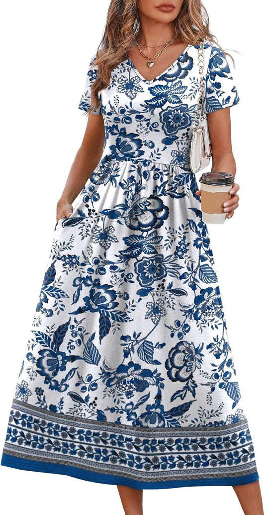 OFEEFAN Summer Dresses for Women Flowy Casual A-Line Midi Dress Beach Vacation Sundresses with Pockets S-2XL