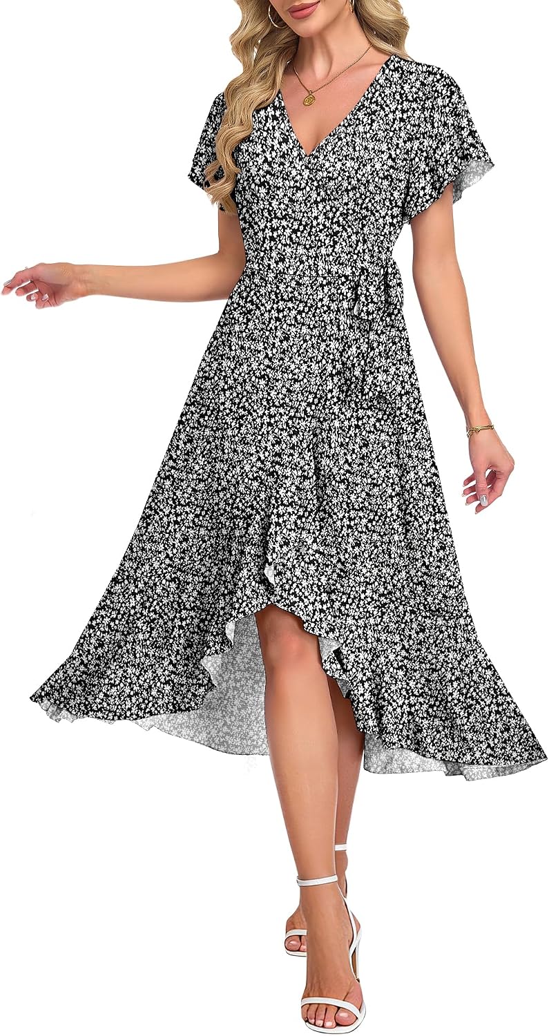AUSELILY Women Summer Midi Dresses Wrap Short Flutter Sleeve Elegant Dress