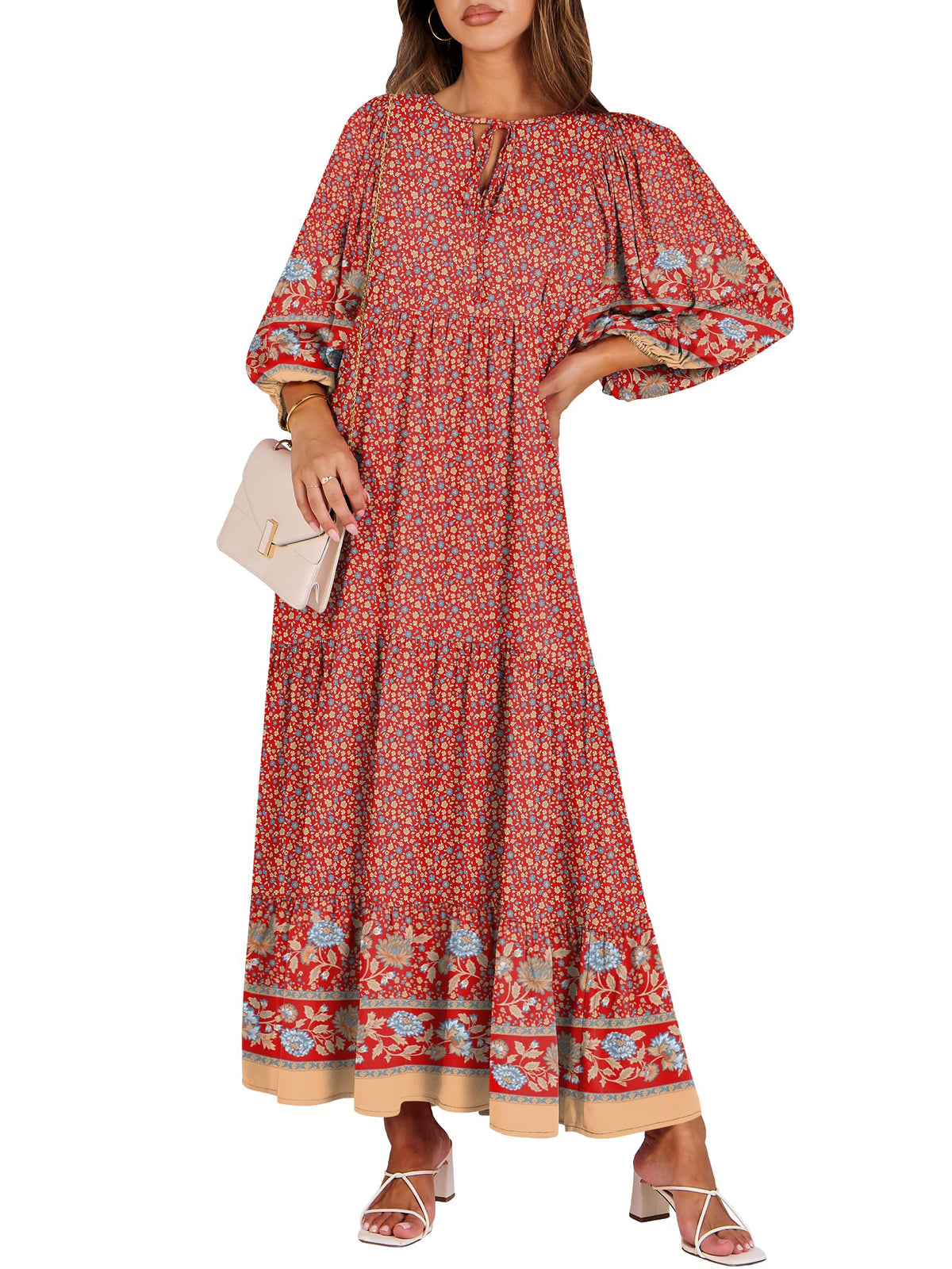 ANRABESS Womens Boho Floral 3/4 Puff Sleeve Maxi Dress