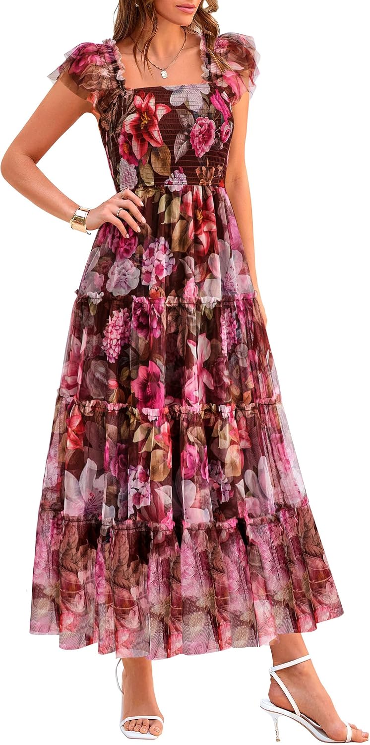 PRETTYGARDEN Women's Summer Smocked Midi Tulle Dress